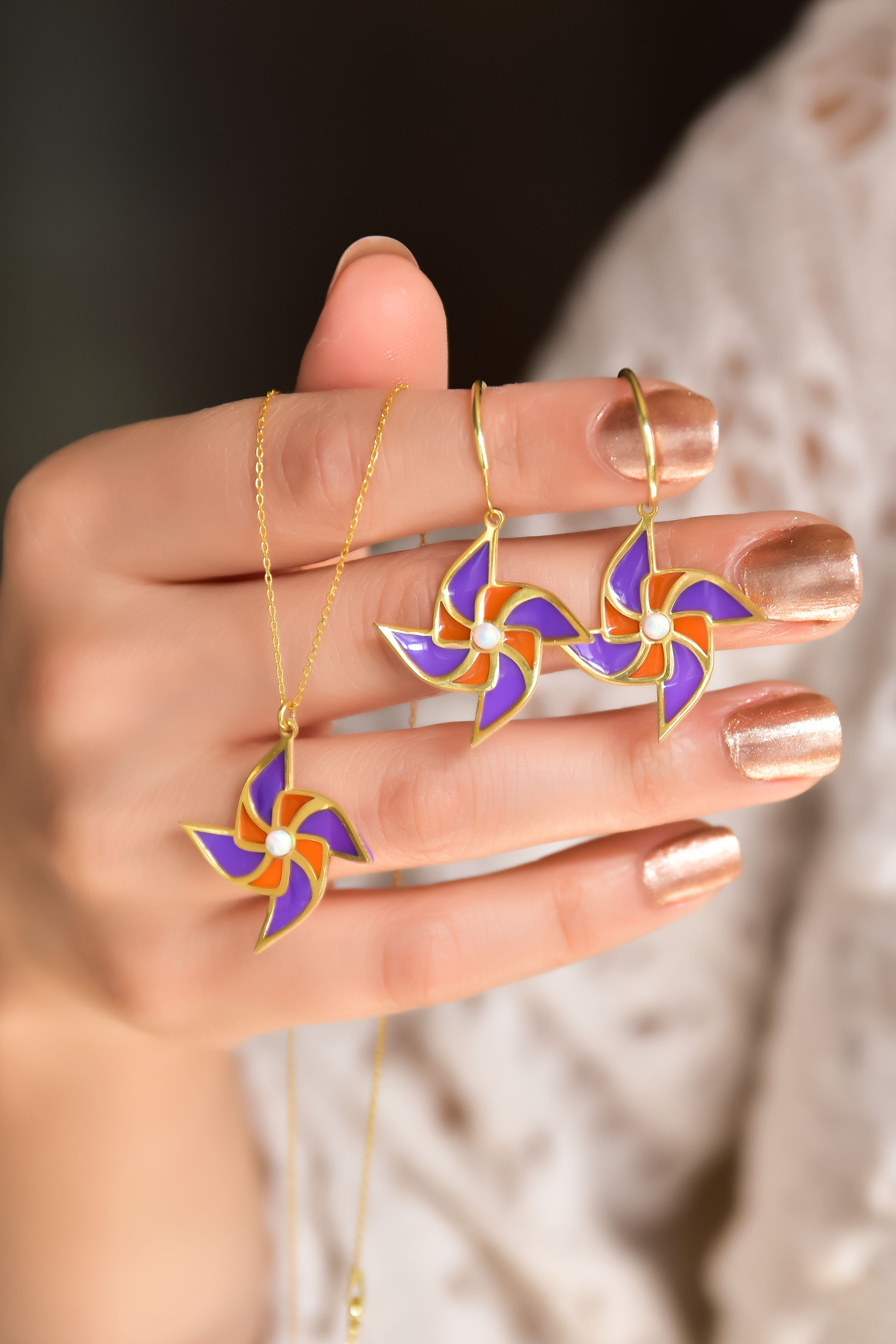 925 Ayar Gümüş Gold Kaplama Özel Tasarım Rüzgar Gülü Set