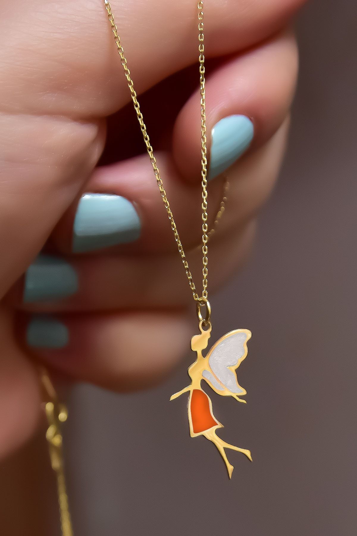 925 Ayar Gümüş Gold Kaplama Parlayan Rüya Serisi Beyaz-turuncu Ebruli Cam Boyalı Su Perisi Kolye