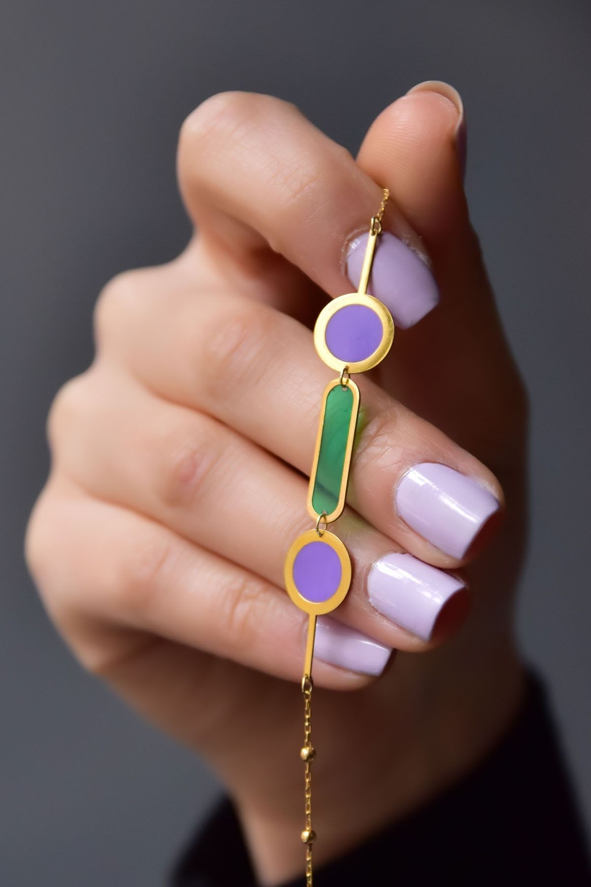 925 Ayar Gümüş Gold Kaplama Parlayan Rüya Serisi Geometrik Tasarım Ebruli Cam Boyalı Bileklik