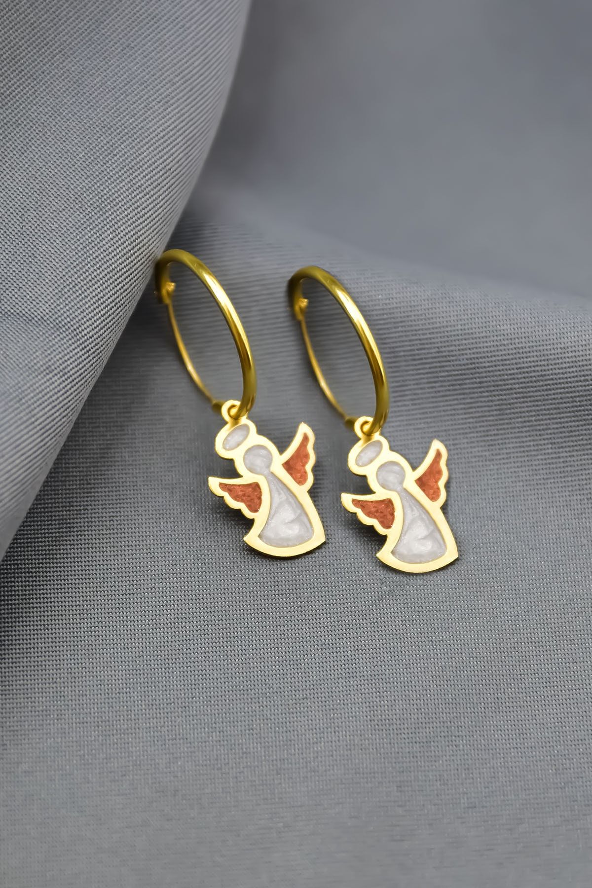 925 Ayar Gümüş Gold Kaplama Parlayan Rüya Serisi Tasarım Beyaz-turuncu Ebruli Cam Boyalı Melek Küpe