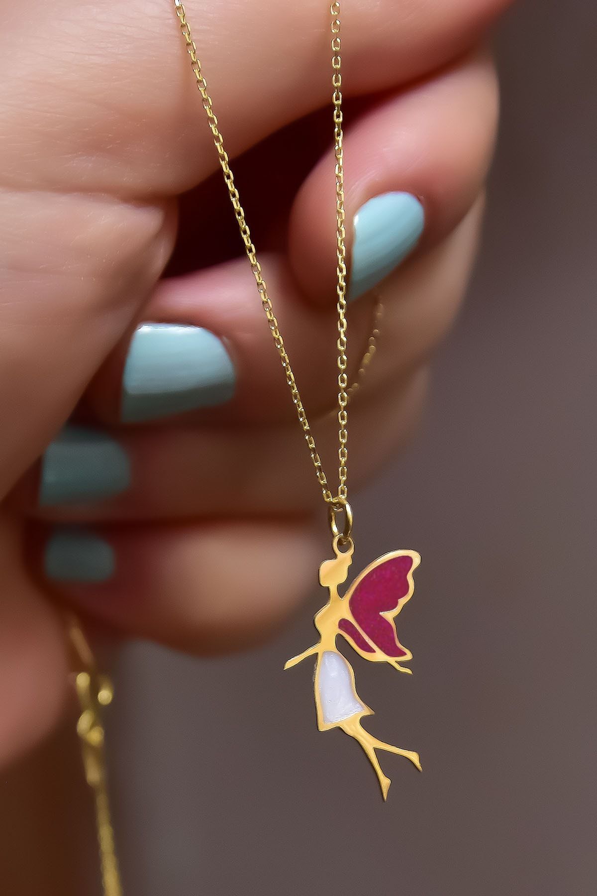 925 Ayar Gümüş Gold Kaplama Parlayan Rüya Serisi Tasarım Fuşya Ebruli Cam Boyalı Su Perisi Kolye