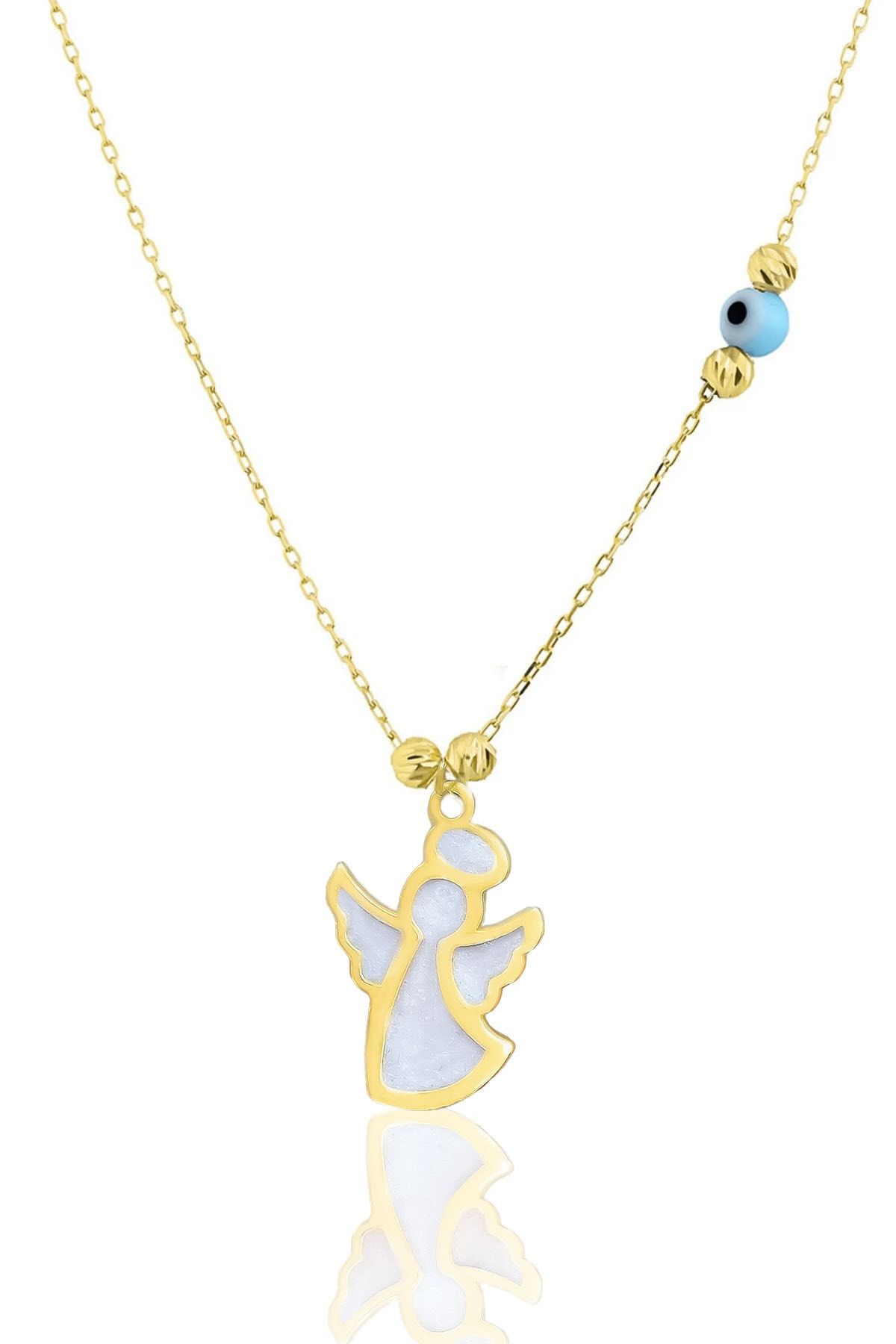 925 Ayar Gümüş Gold Kaplama Parlayan Rüya Serisi Tasarım Gözlü Beyaz Ebruli Cam Boyalı Melek Kolye