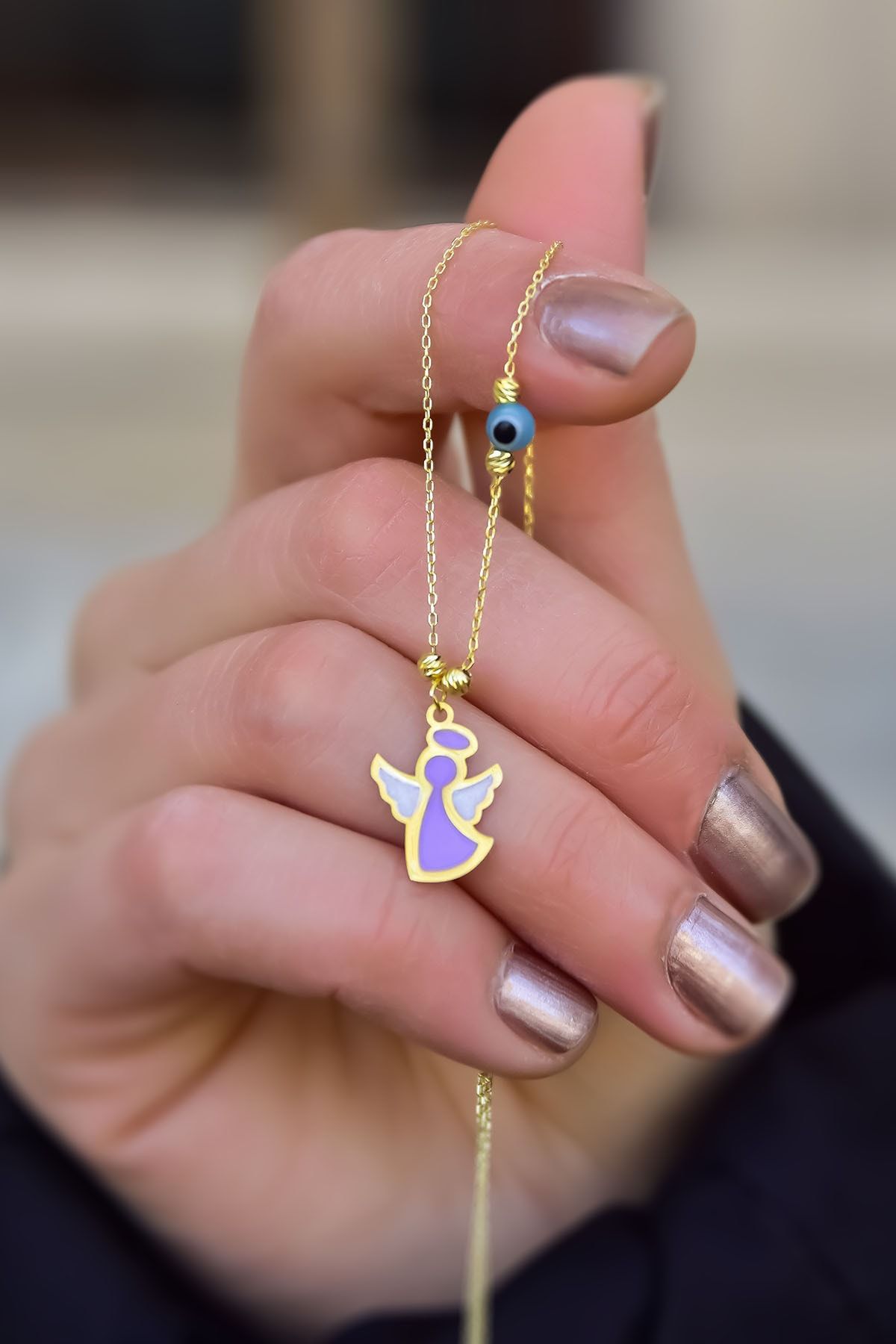 925 Ayar Gümüş Gold Kaplama Parlayan Rüya Serisi Tasarım Gözlü Lila Ebruli Cam Boyalı Melek Kolye