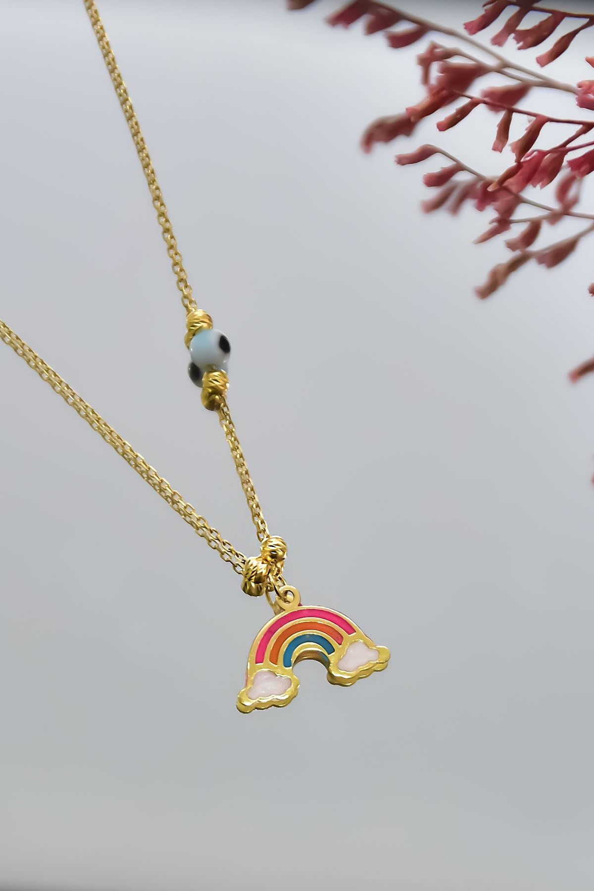 925 Ayar Gümüş Gold Kaplama Parlayan Rüya Serisi Tasarım Gözlü Mineli Gökkuşağı Kolye