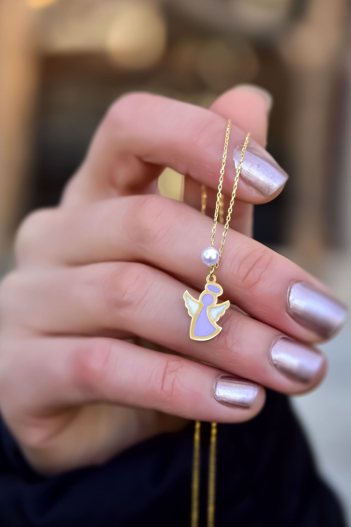 925 Ayar Gümüş Gold Kaplama Parlayan Rüya Serisi Tasarım Incili Lila Ebruli Cam Boyalı Melek Kolye