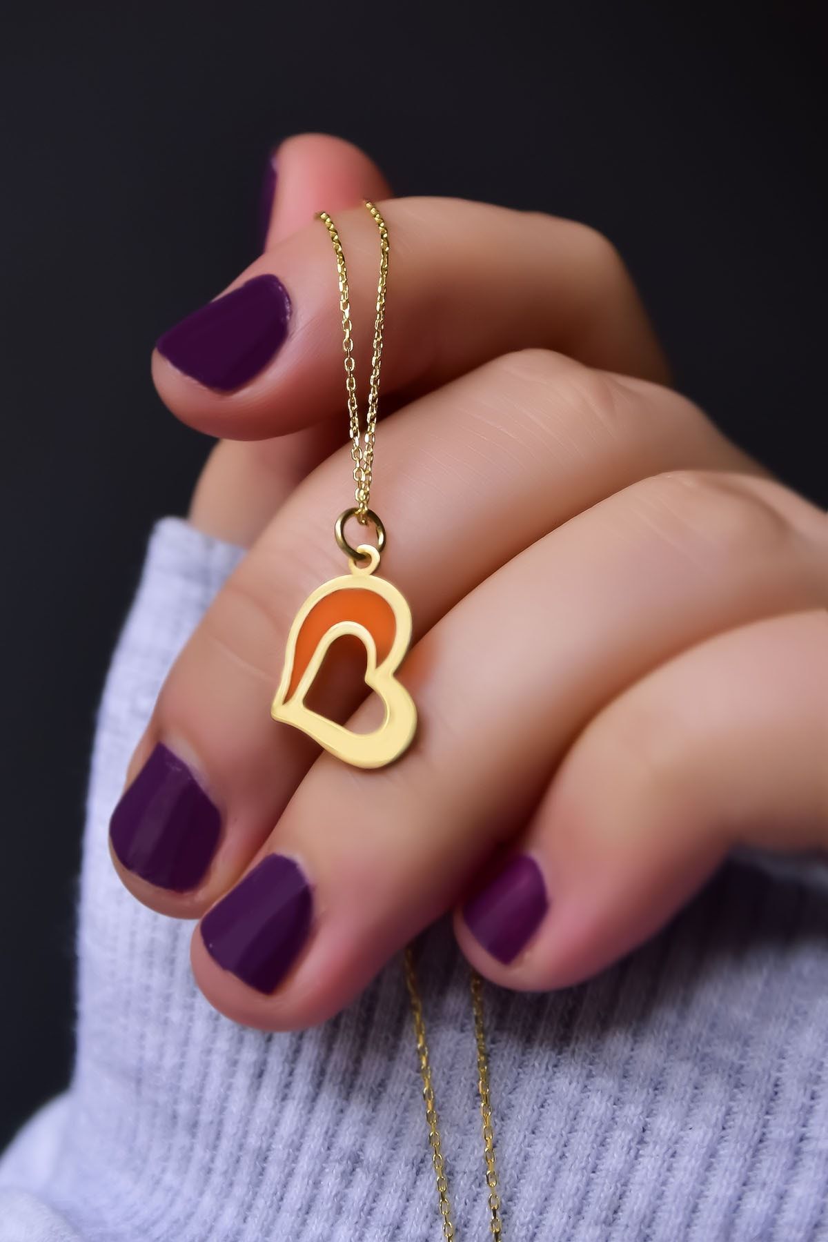 925 Ayar Gümüş Gold Kaplama Parlayan Rüya Serisi Tasarım Renkli Ebruli Cam Boyalı Içi Boş Kalp Kolye