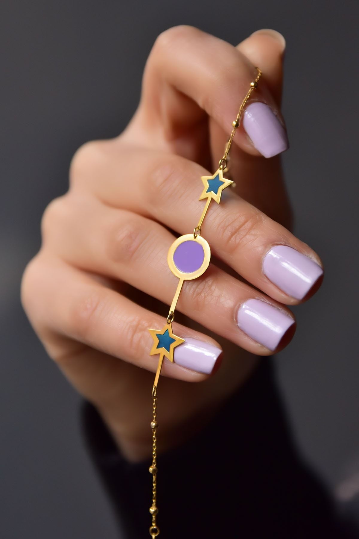 925 Ayar Gümüş Gold Kaplama Parlayan Rüya Serisi Yuvarlak, Yıldız Tasarım Ebruli Cam Boyalı Bileklik