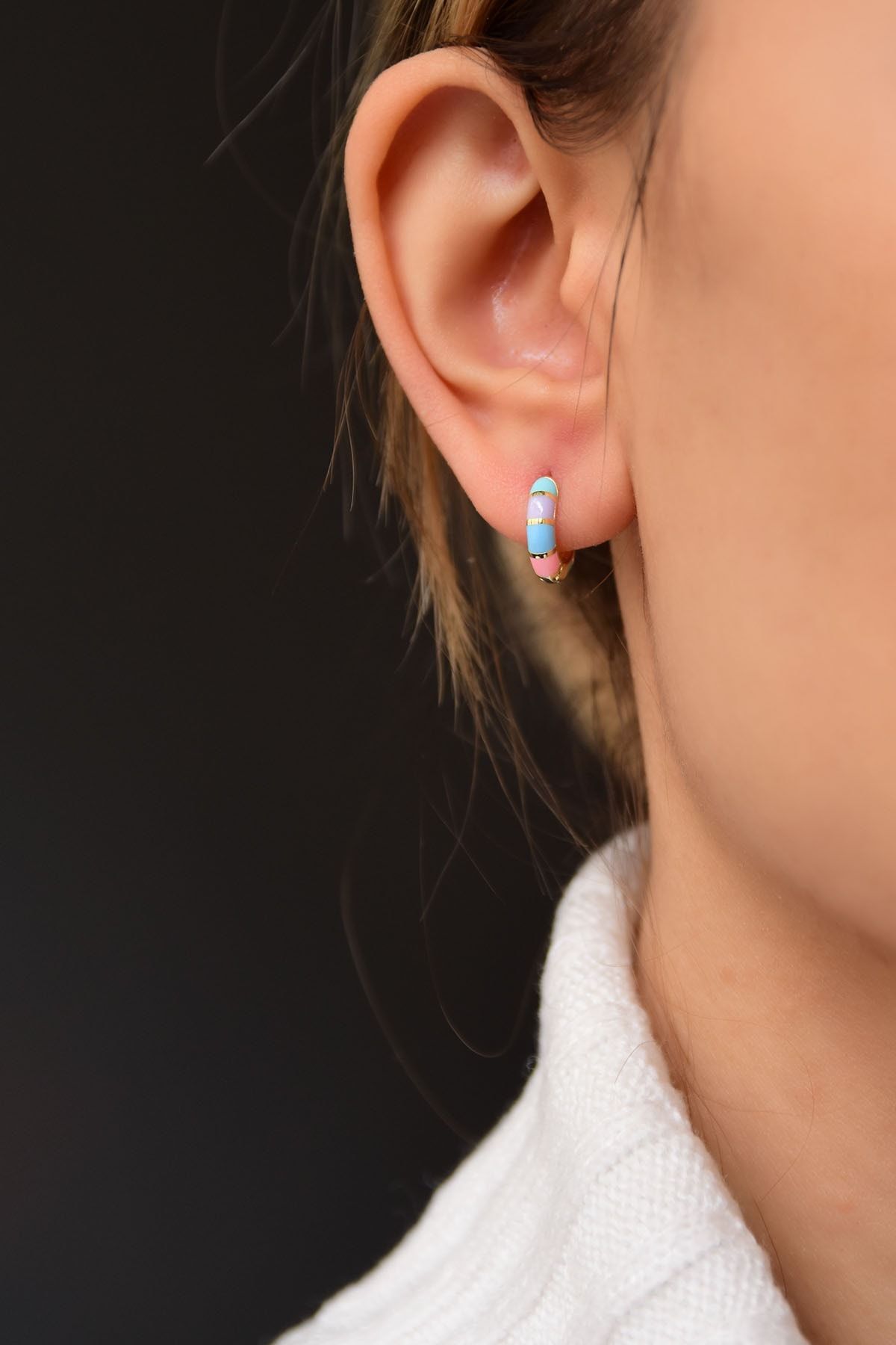 925 Ayar Gümüş Gold Kaplama Renkli Mineli Halka Küpe