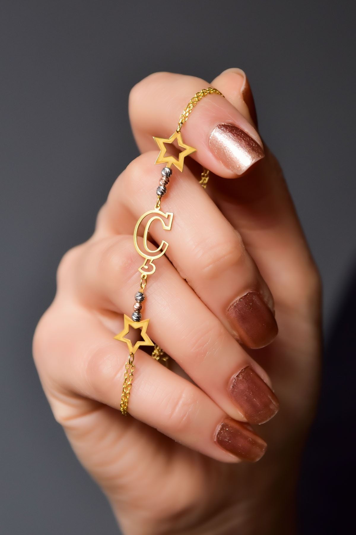 925 Ayar Gümüş Gold Kaplama Rose-rodyum Dorika Toplu Harfli, Dilek Yıldızı Bileklik