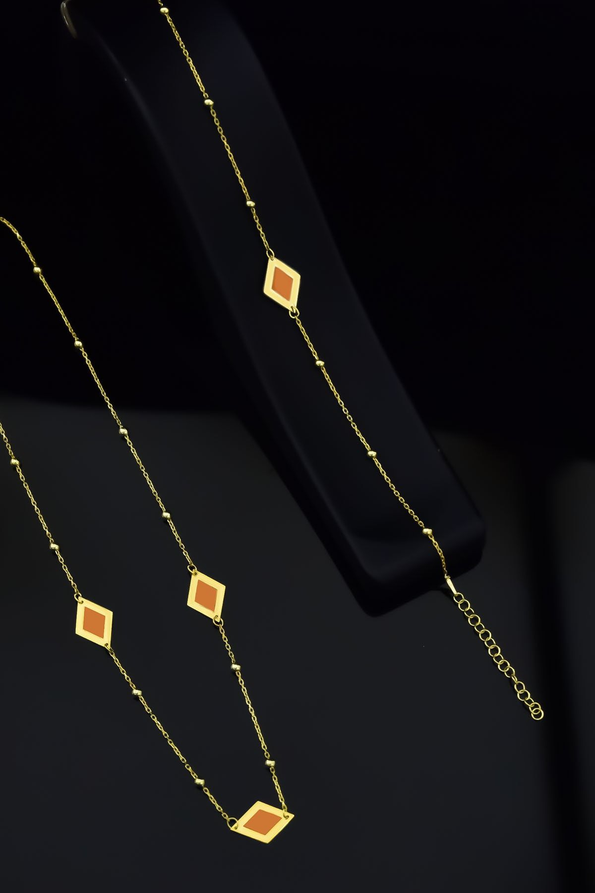 925 Ayar Gümüş Gold Kaplama Rüya Serisi Ebruli Cam Boyalı Dörtgen Kolye, Bileklik Ve Küpe Set