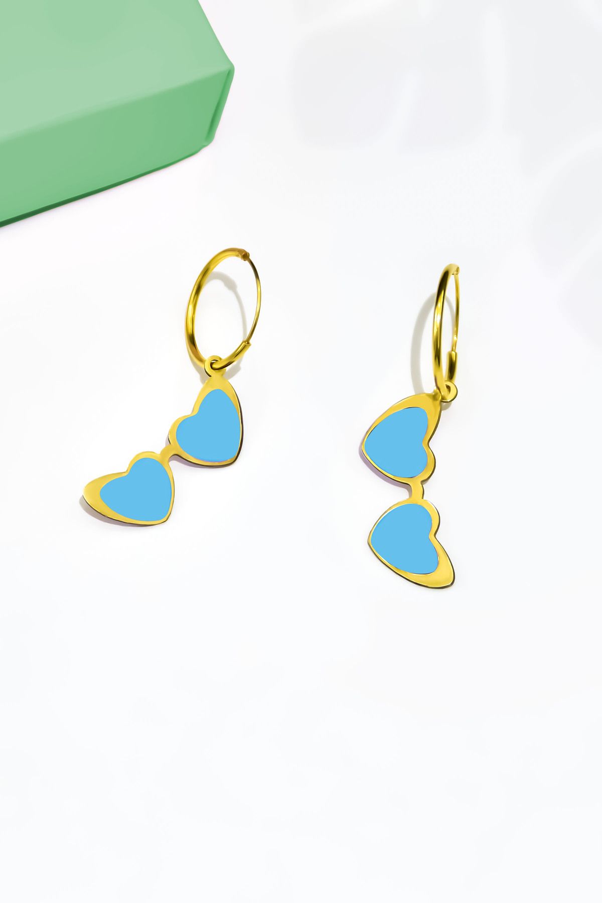 925 Ayar Gümüş Gold Kaplama Rüya Serisi, Mavi Mineli Kalp Model Gözlük Küpe