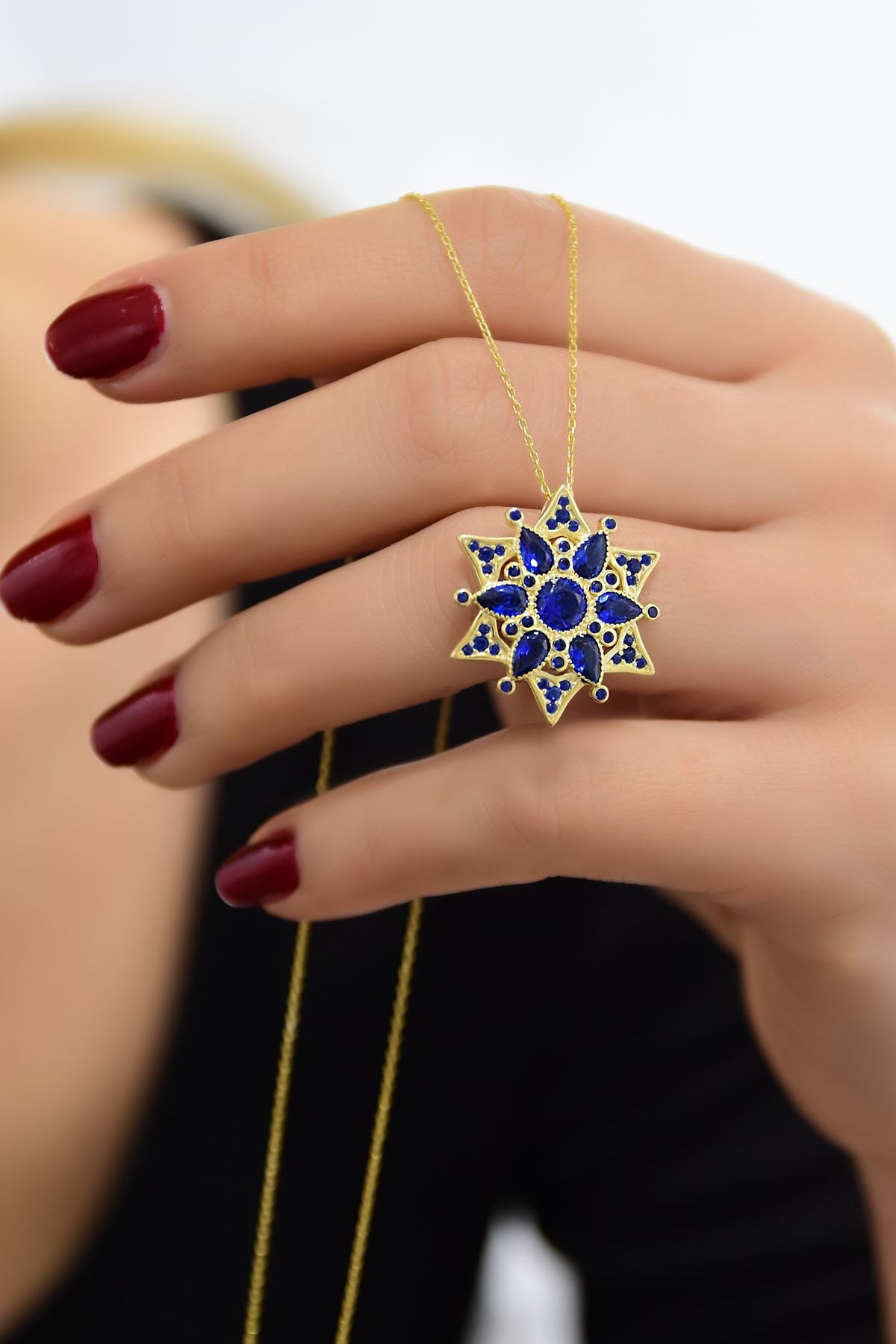 925 Ayar Gümüş Gold Kaplama Safir Kamelya Çiçeği Kolye