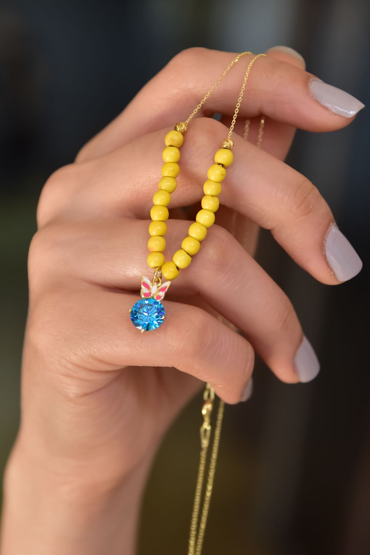 925 Ayar Gümüş Gold Kaplama Sarı Yaz Rengi Boncuk Taşlı Mineli Kelebek Kolye