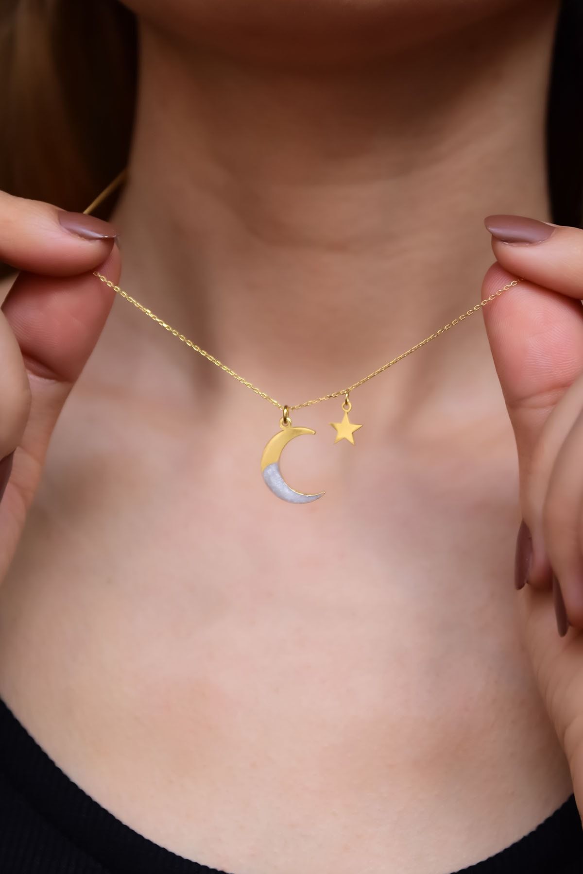 925 Ayar Gümüş Gold Kaplama Sedef Mineli Hilal Yıldız Halka Kadın Kolye