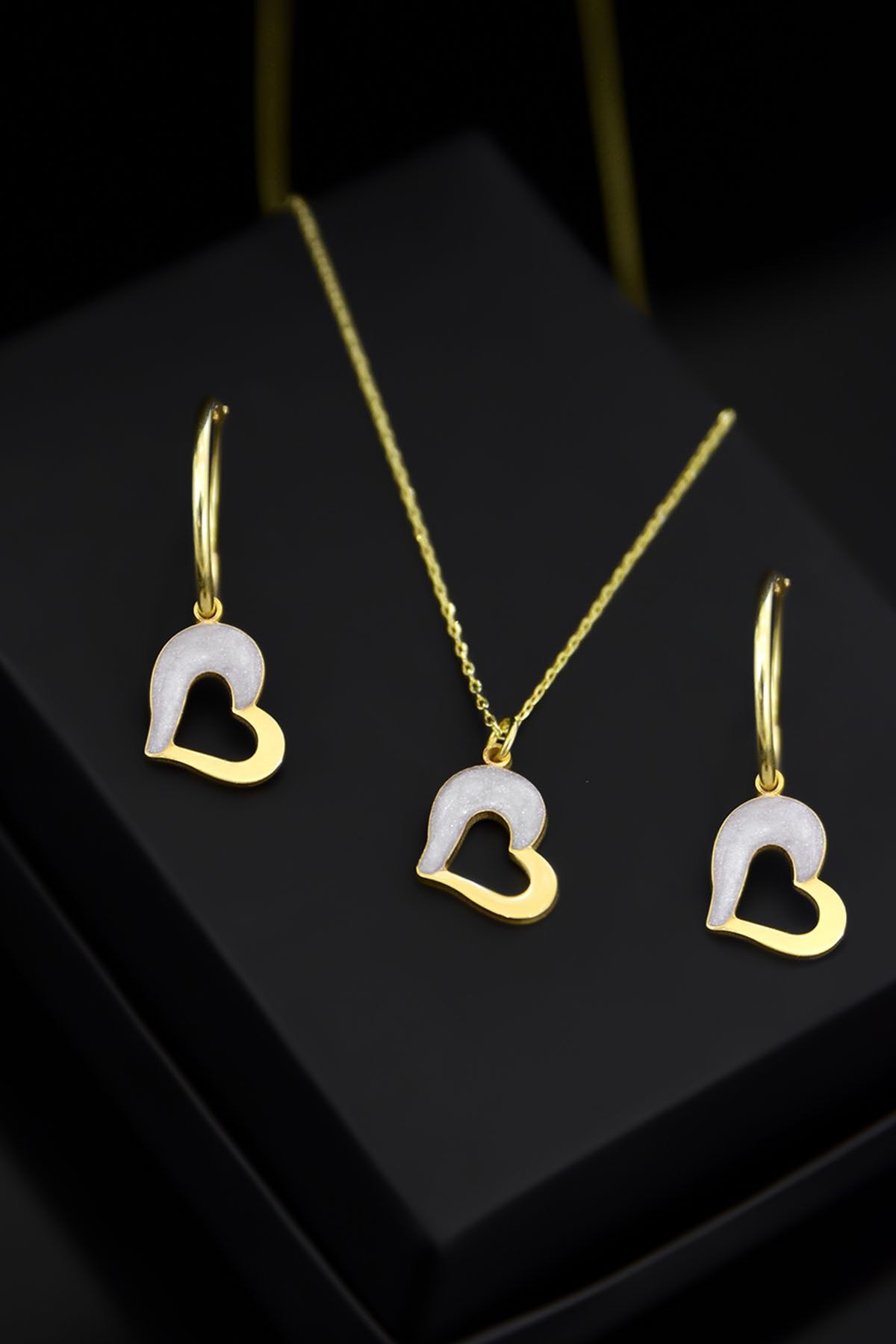 925 Ayar Gümüş Gold Kaplama Sedef Mineli Kalp Kolye Ve Küpe Kadın Set Uvpts600004