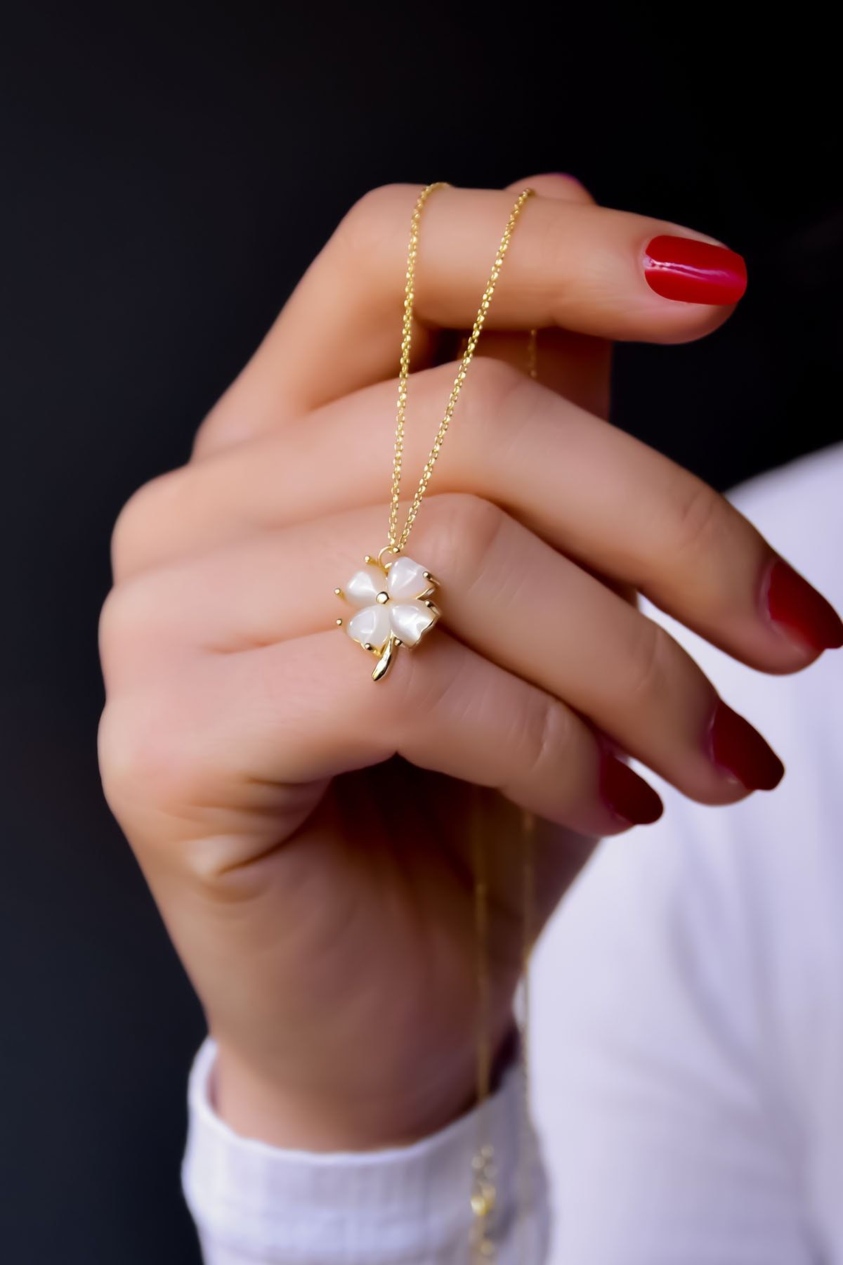 925 Ayar Gümüş Gold Kaplama Sedef Yonca Kolye