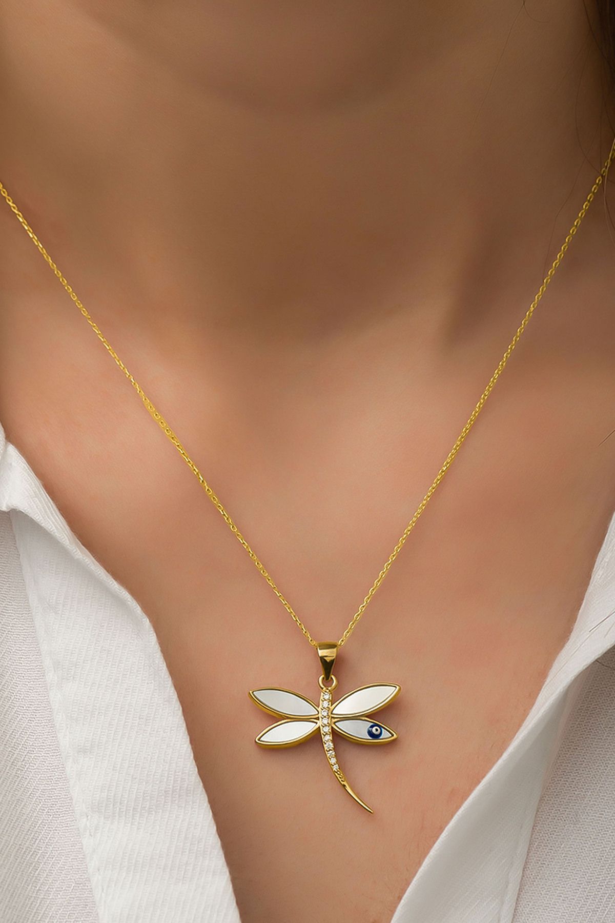 925 Ayar Gümüş Gold Kaplama Sedef Zirkon Taşlı, Nazar Göz Mineli Yusufçuk Kolye