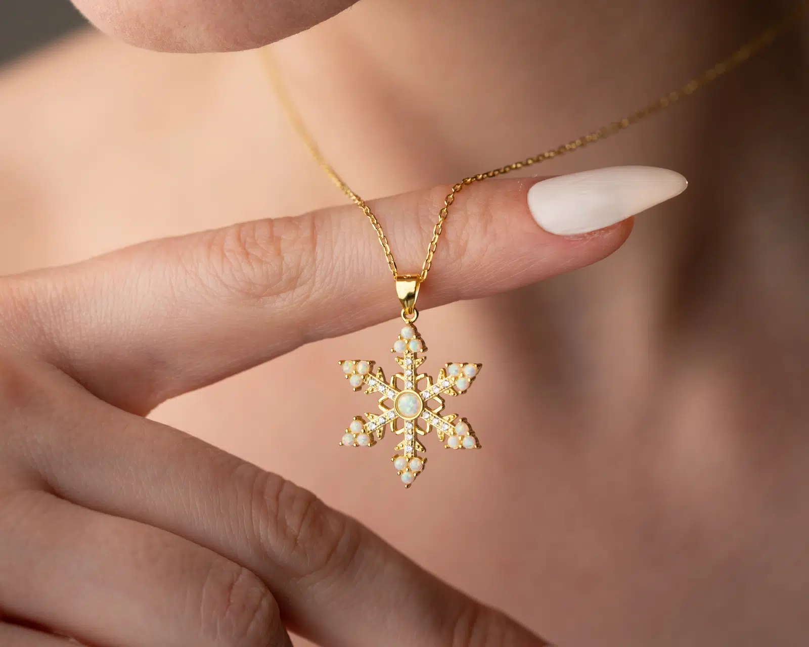 925 Ayar Gümüş Gold Kaplama Singapur Zincir Opal Kar Tanesi Kadın Kolye