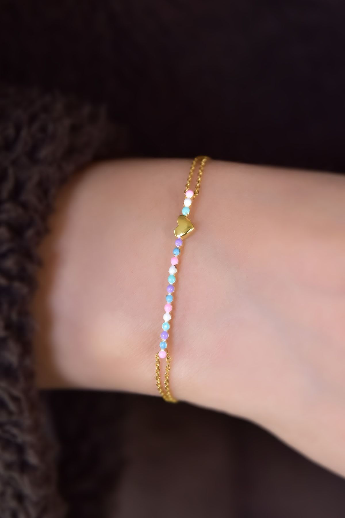 925 Ayar Gümüş Gold Kaplama Sıralı Renkli Mineli, Kalp Bileklik