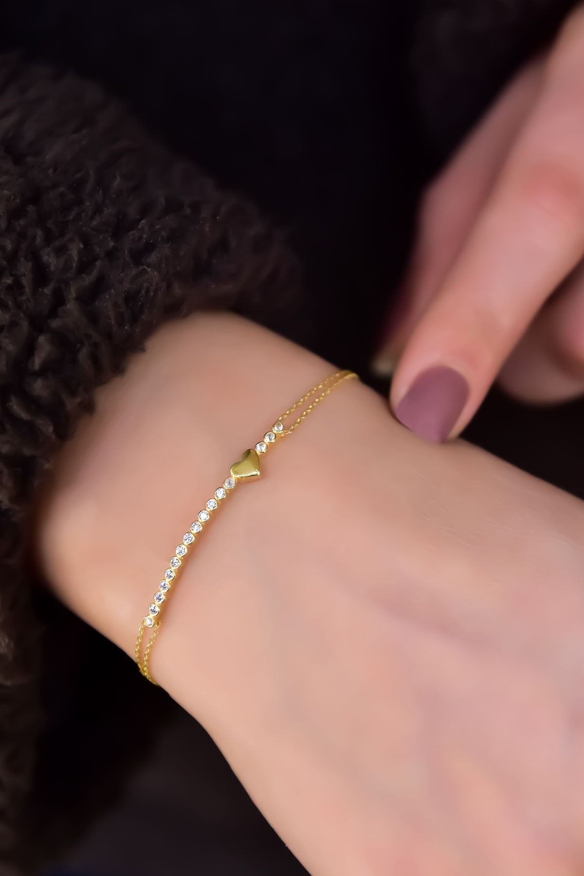 925 Ayar Gümüş Gold Kaplama Sıralı Zirkon Tektaş , Kalp Bileklik
