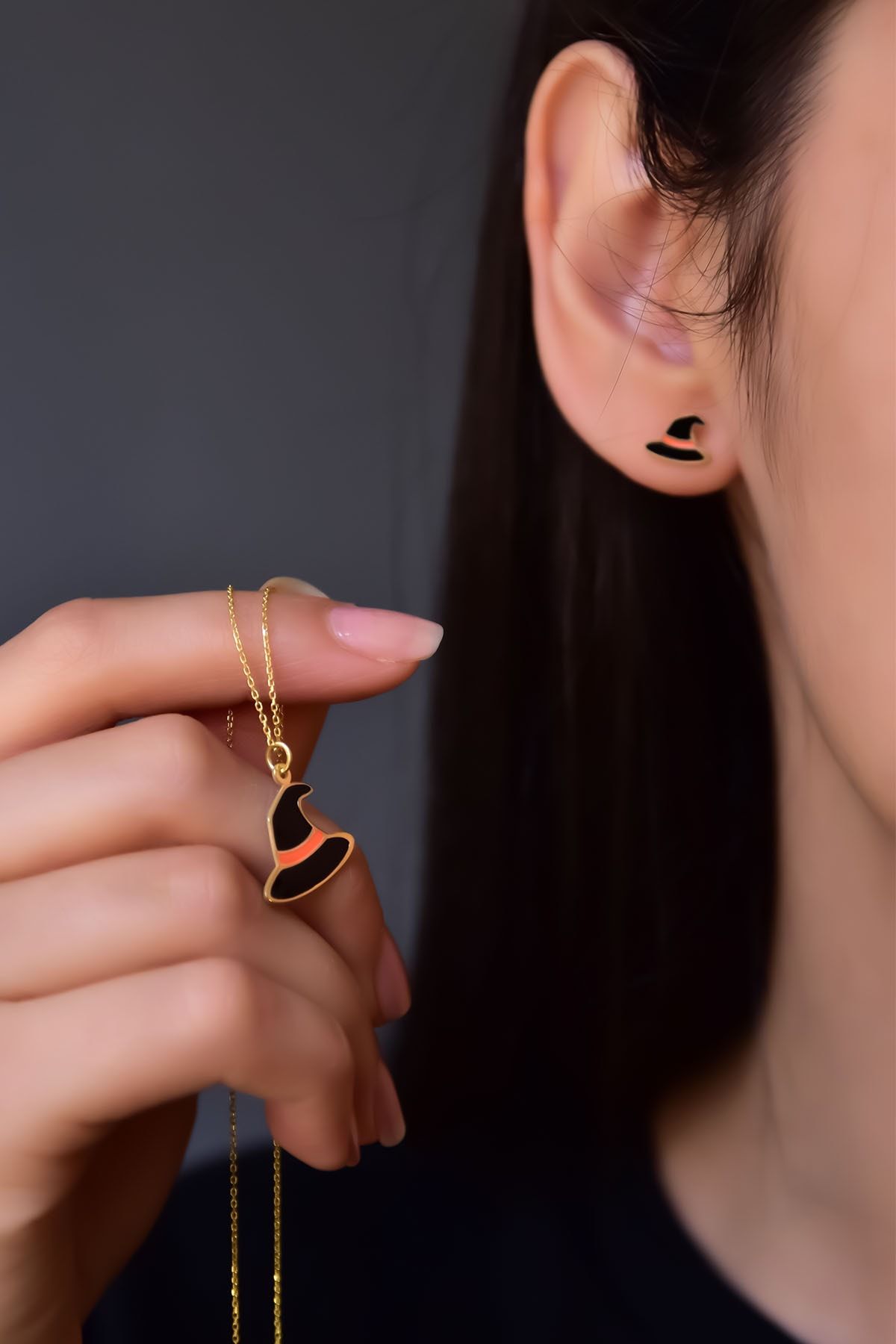 925 Ayar Gümüş Gold Kaplama Siyah Mineli Cadılar Bayramı, Cadı Şapkası Küpe Ve Kolye Set