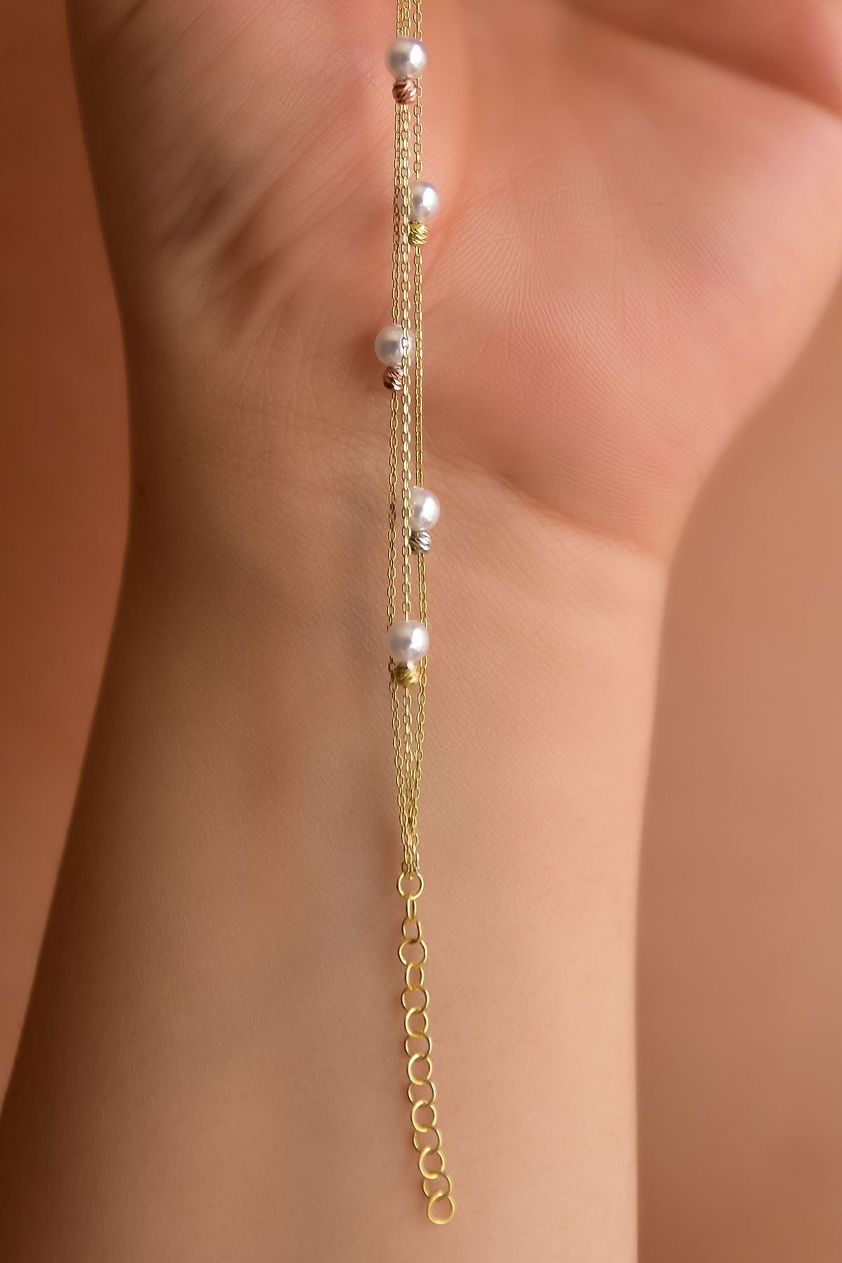 925 Ayar Gümüş Gold Kaplama Strest Atma Inci Toplu Sıralı Üç Renk Dorika Bileklik