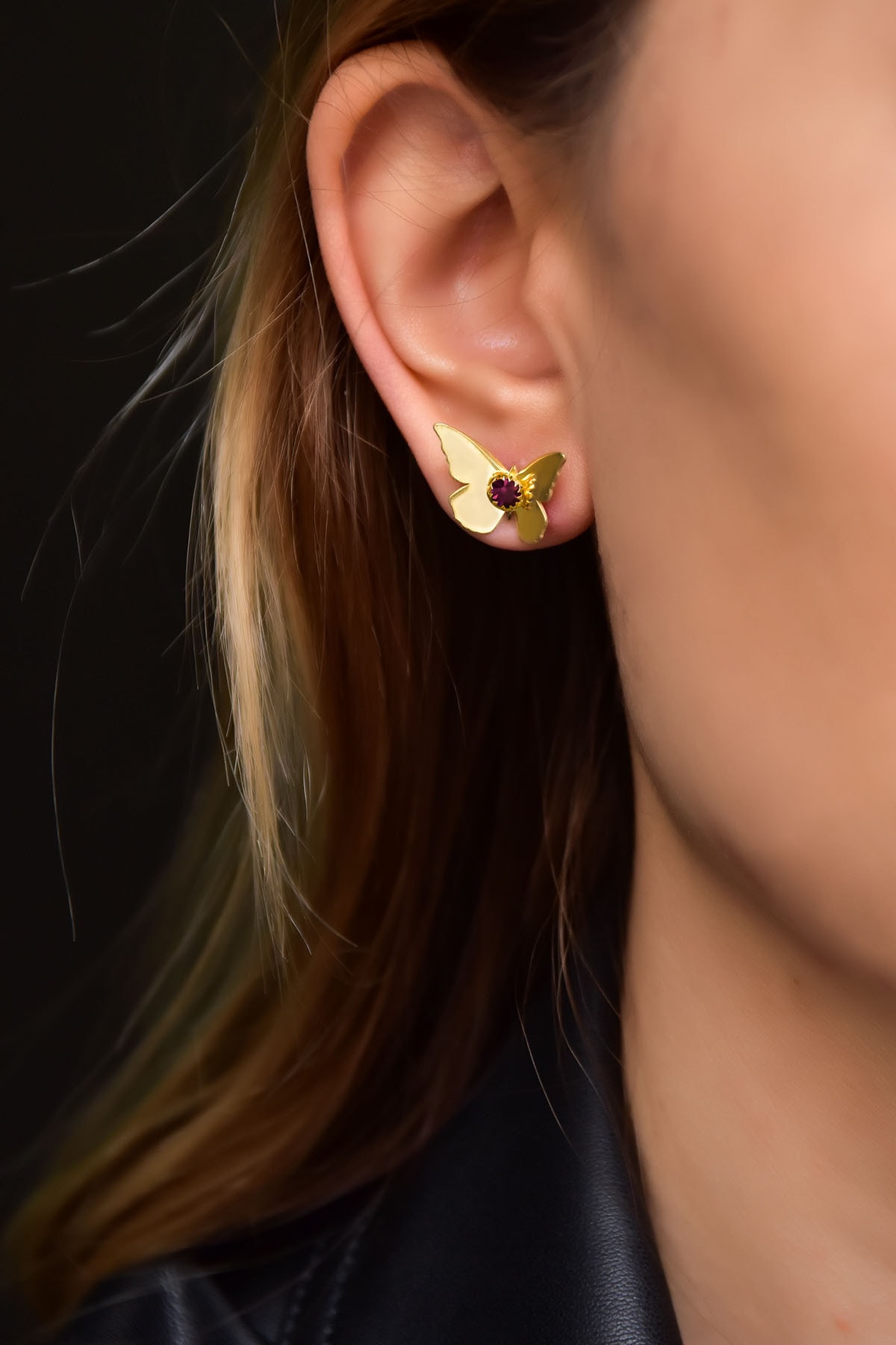 925 Ayar Gümüş Gold Kaplama Şubat Ayı Doğum Taşlı Kelebek Küpe