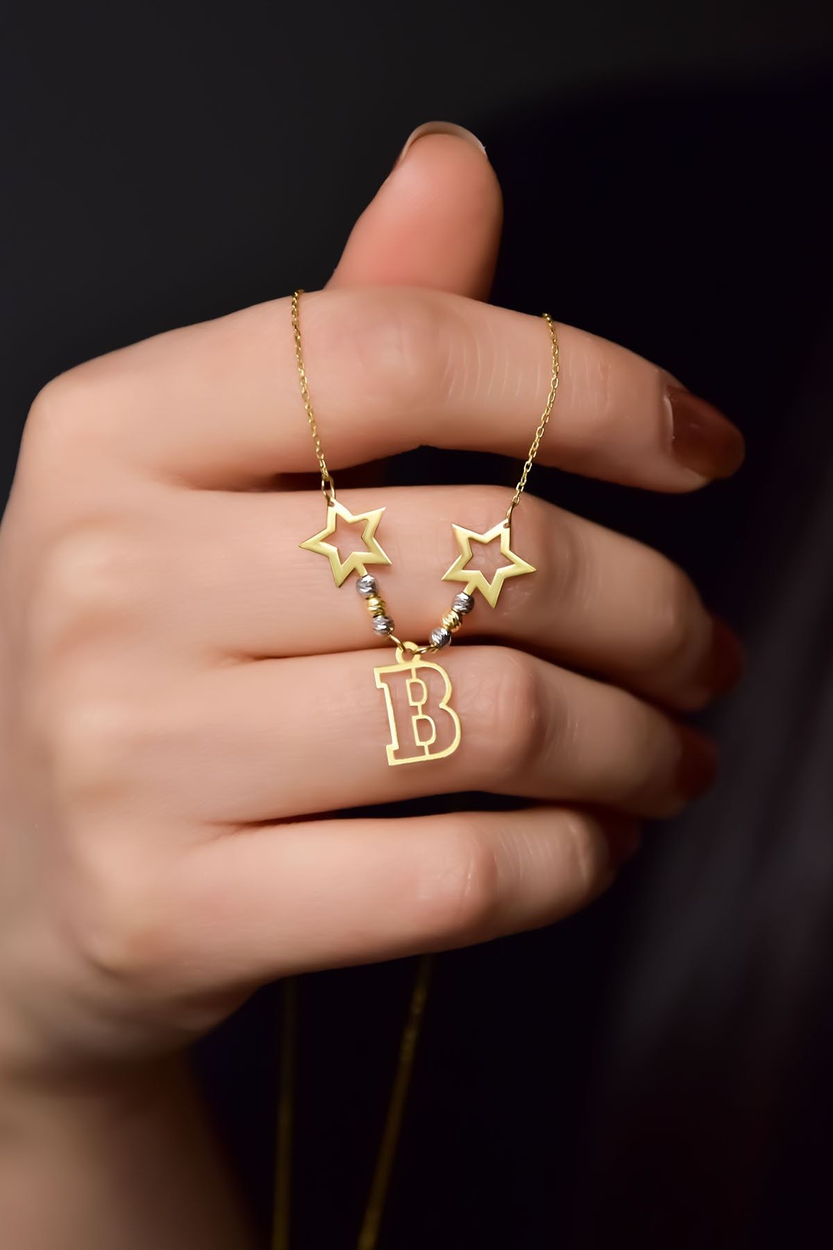 925 Ayar Gümüş Gold Kaplama Tasarım Dorikalı Yıldız Harfli Kolye