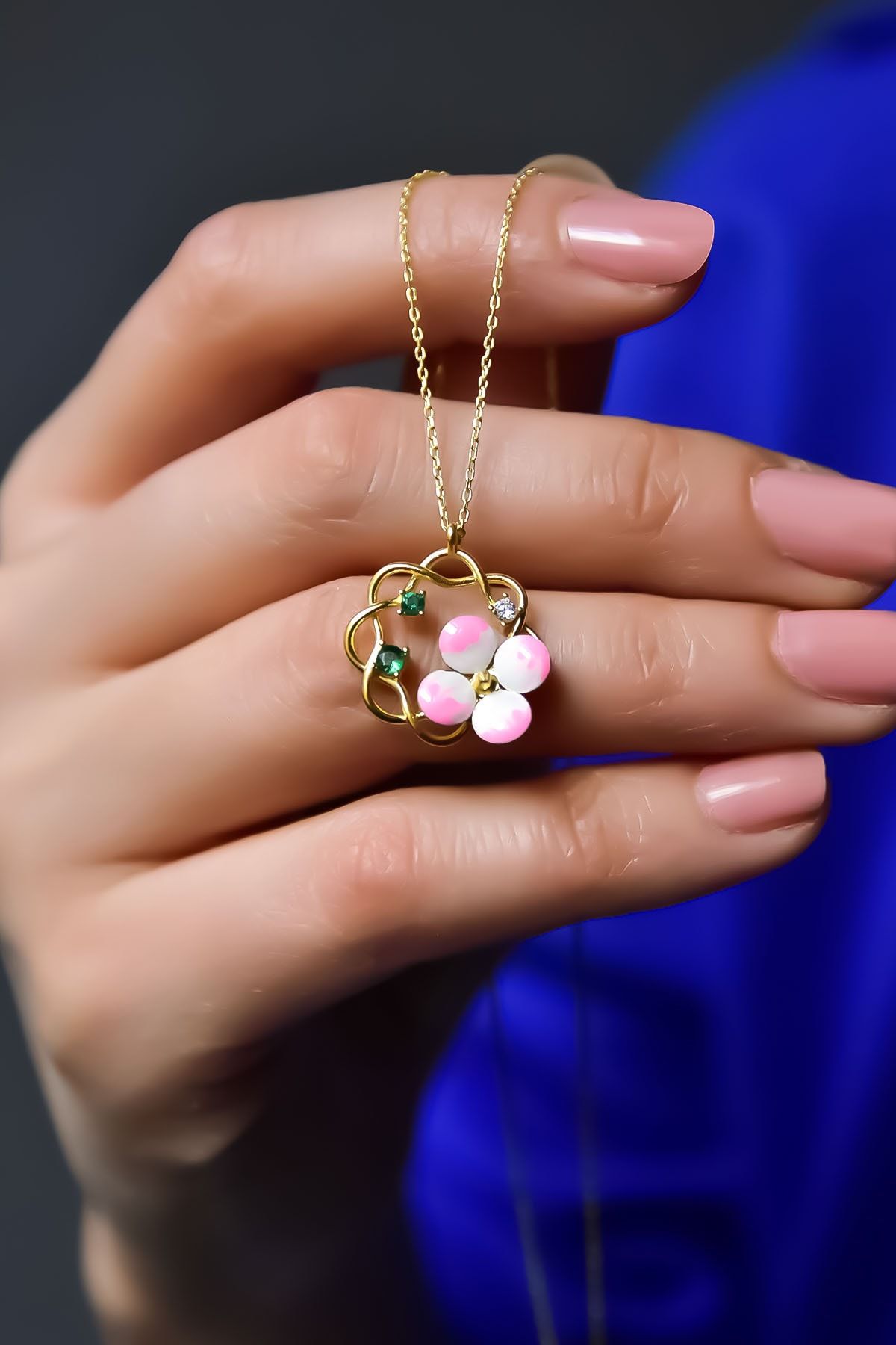 925 Ayar Gümüş Gold Kaplama Tasarım Mineli Doğum Yonca Çiçeği Kolye