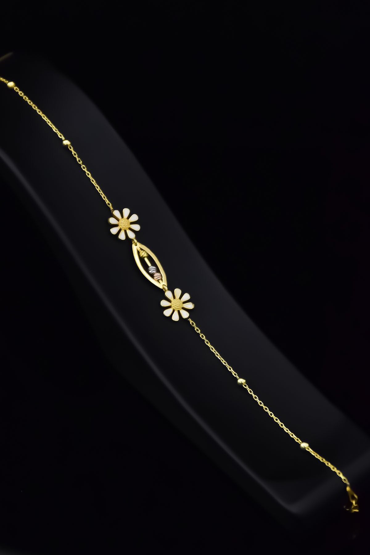 925 Ayar Gümüş Gold Kaplama Tasarım Üç Renkli Dorika Toplu, Papatya Bileklik