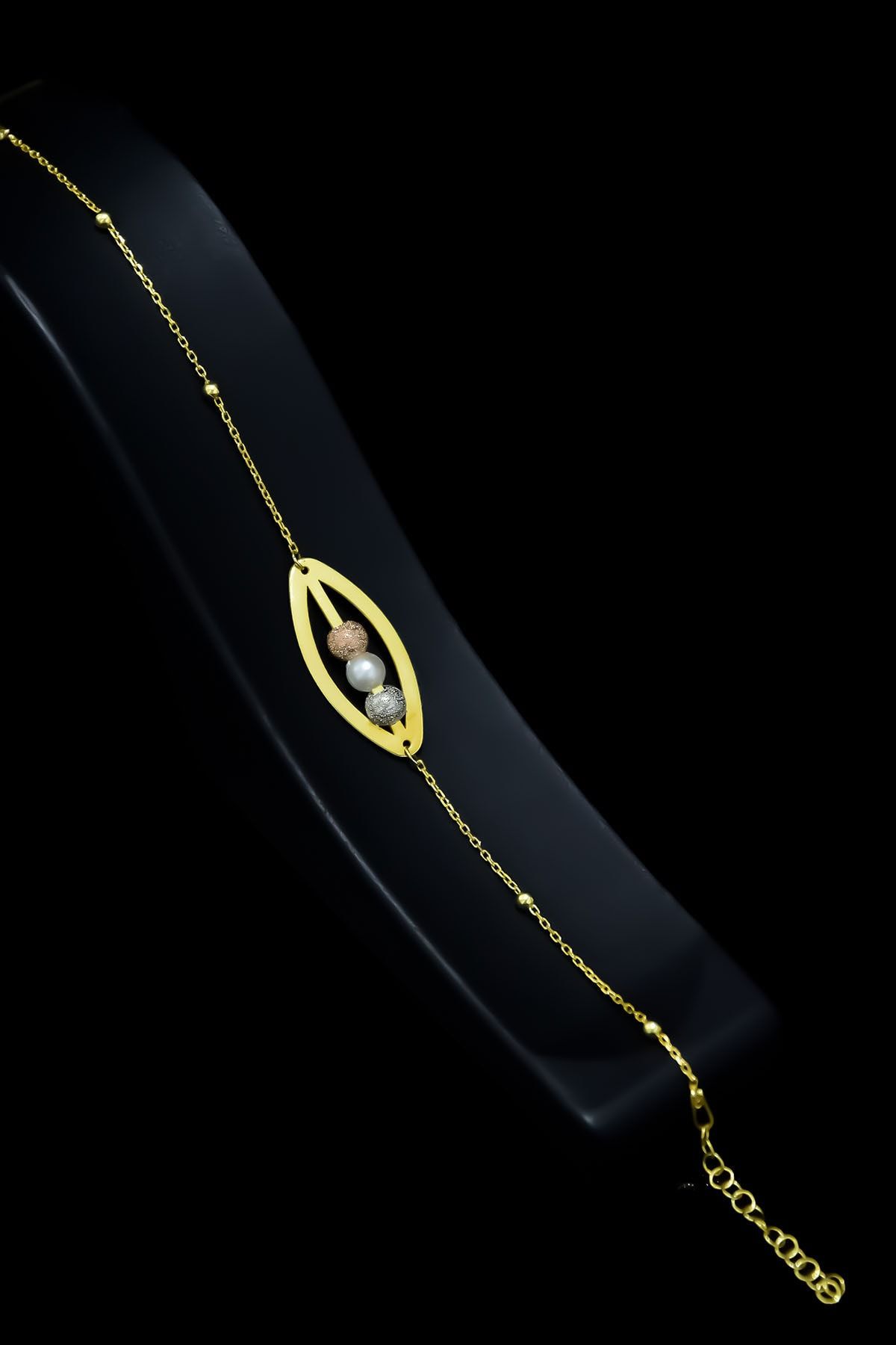 925 Ayar Gümüş Gold Kaplama Tasarım Üç Renkli Sim Toplu Incili Bileklik