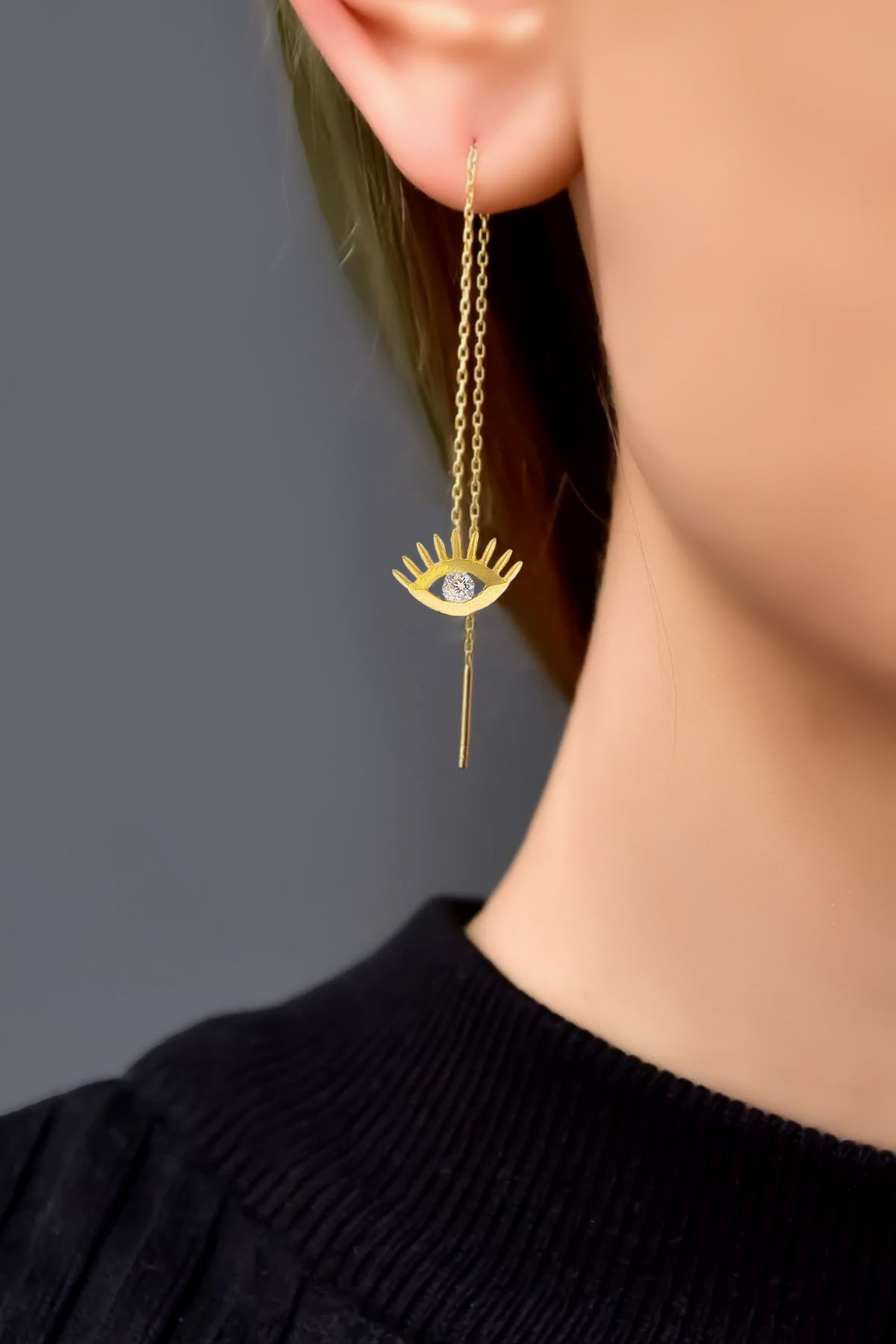 925 Ayar Gümüş Gold Kaplama Taşlı Göz Zincirli Küpe