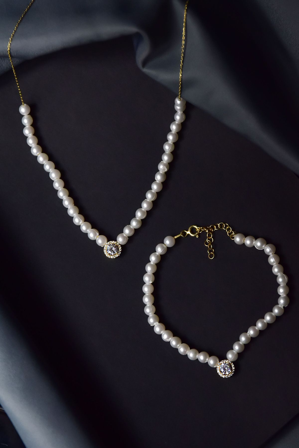 925 Ayar Gümüş Gold Kaplama Tek Taşlı, Incili Kolye Ve Bileklik Set