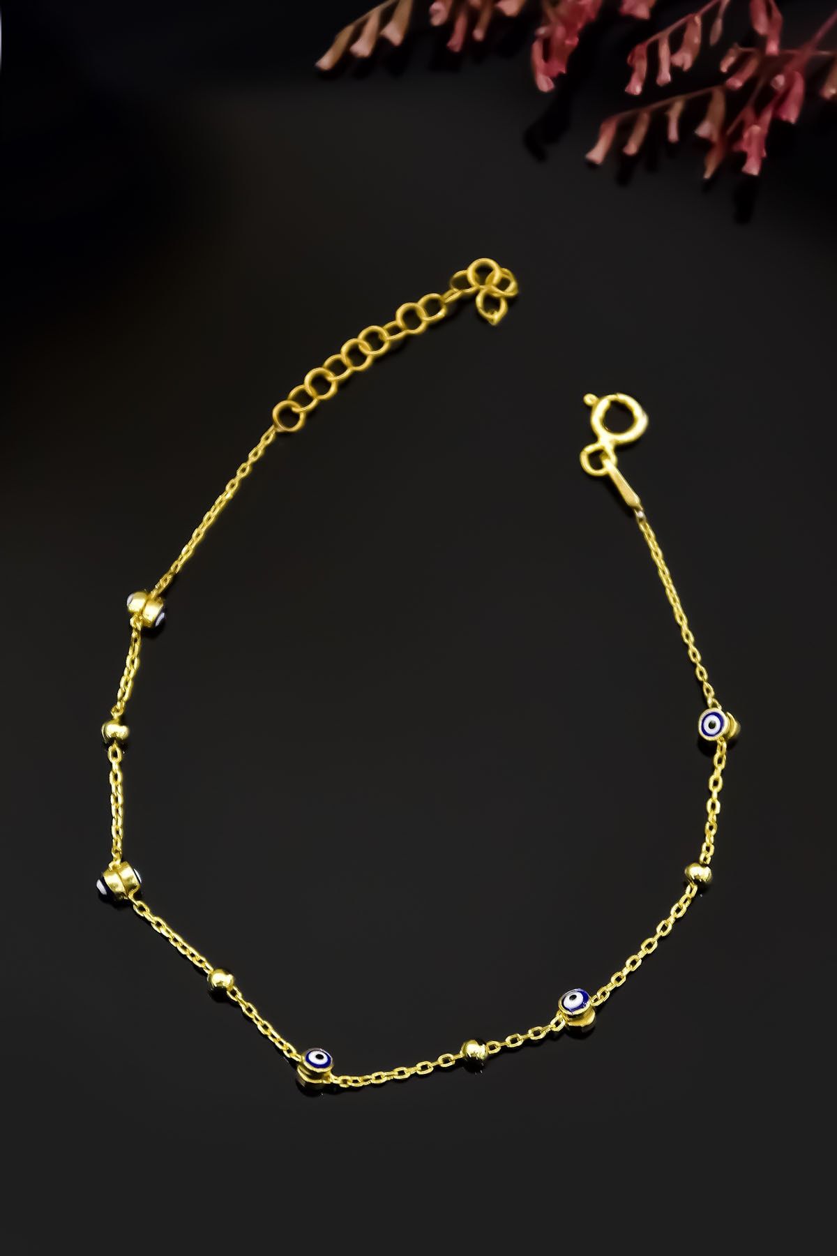 925 Ayar Gümüş Gold Kaplama Top Zincir Sallantılı Nazar Göz Bileklik