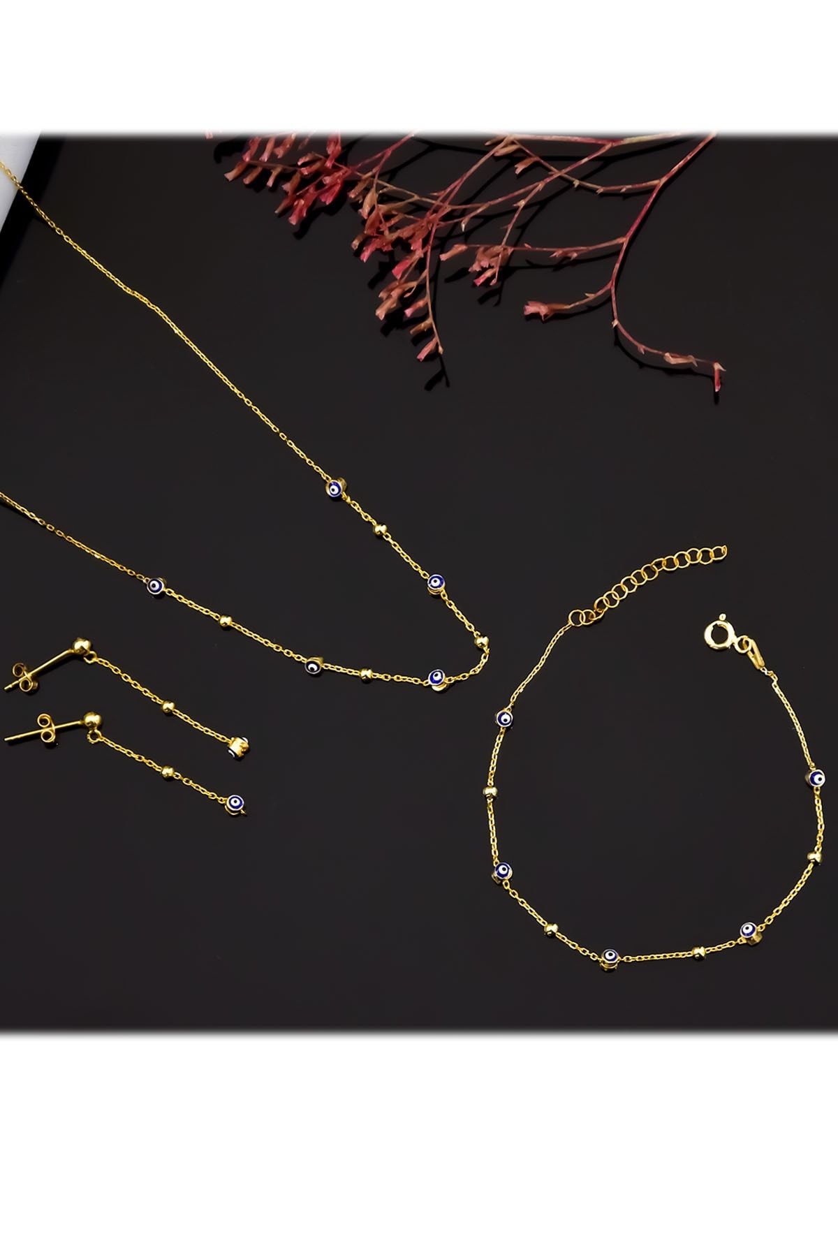925 Ayar Gümüş Gold Kaplama Top Zincir Sallantılı Nazar Göz Kolye, Bileklik Ve Küpe Set