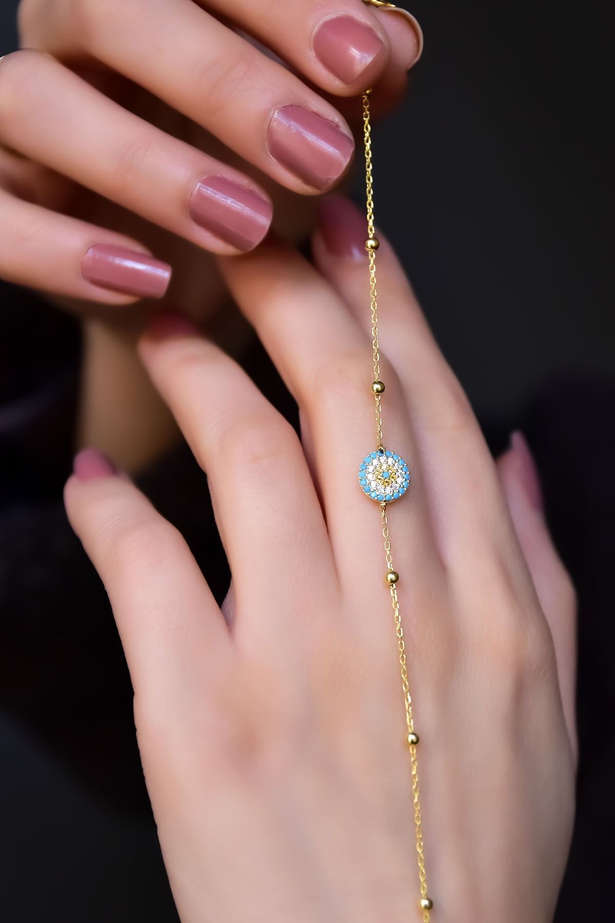 925 Ayar Gümüş Gold Kaplama Top Zincirli, Firuze Zirkon Taşlı Minimal Nazar Bileklik