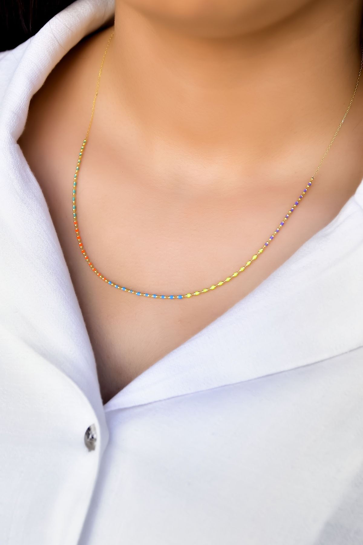 925 Ayar Gümüş Gold Kaplama Top Zincirli Renkli Mineli Kolye