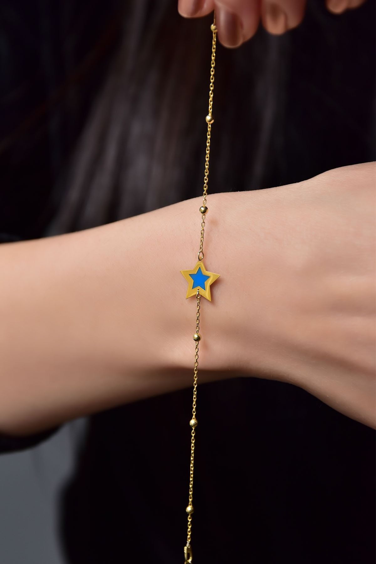 925 Ayar Gümüş Gold Kaplama Top Zincirli Rüya Serisi Ebruli Cam Boyalı Yıldız Bileklik