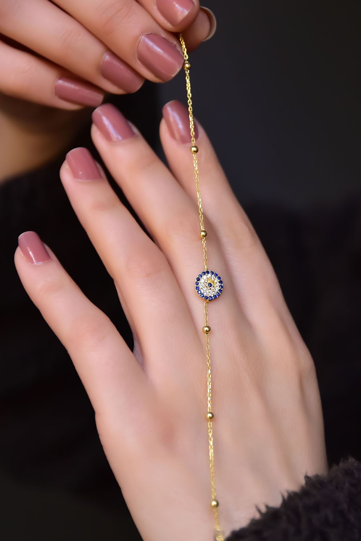 925 Ayar Gümüş Gold Kaplama Top Zincirli, Zirkon Taşlı Minimal Nazar Bileklik