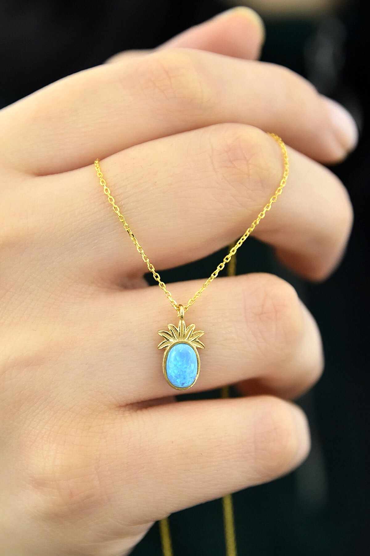 925 Ayar Gümüş Gold Kaplama Turkuaz Opal Taşlı Ananas Kolye