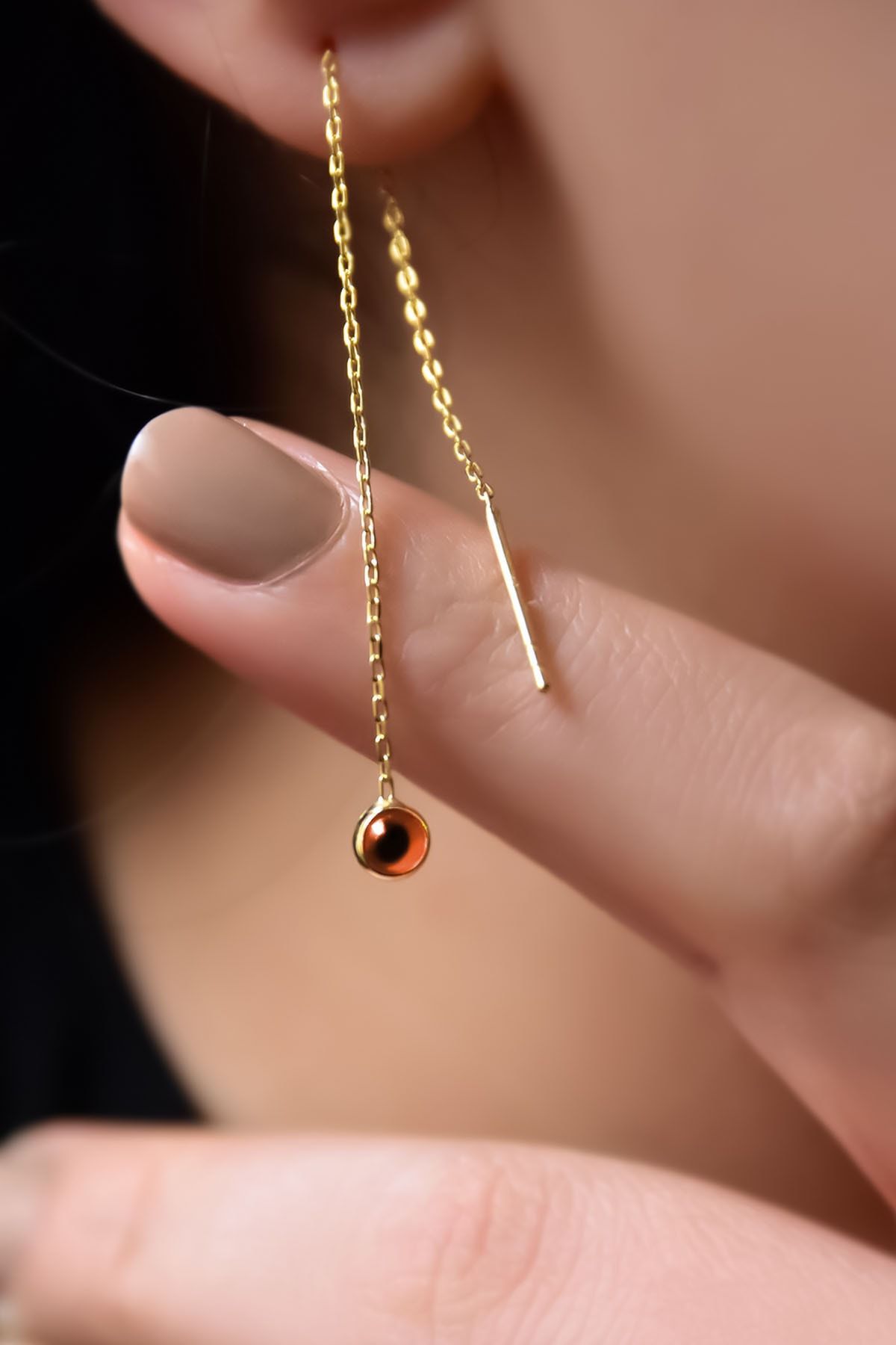 925 Ayar Gümüş Gold Kaplama Turuncu Cam Göz Zincir Küpe