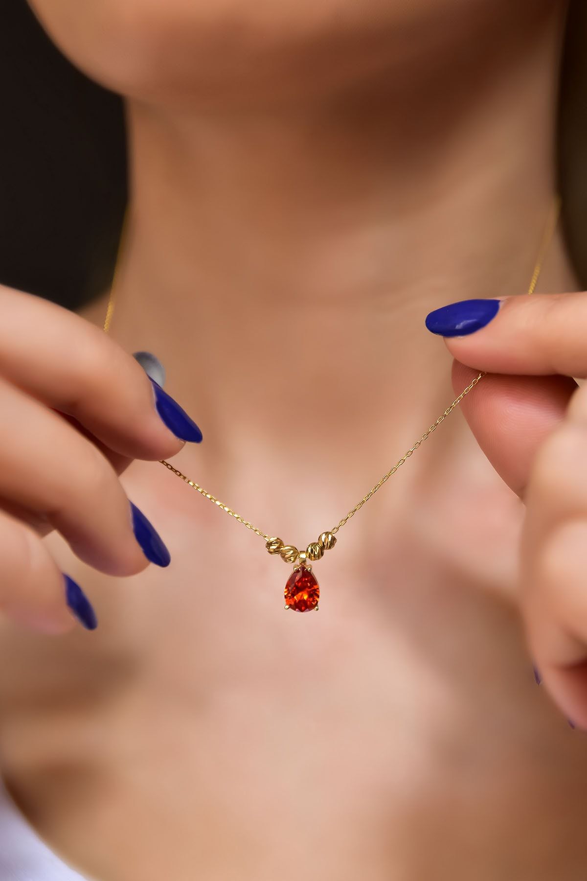 925 Ayar Gümüş Gold Kaplama Turuncu Damla Kenarları Çift Dorica Toplu Kolye