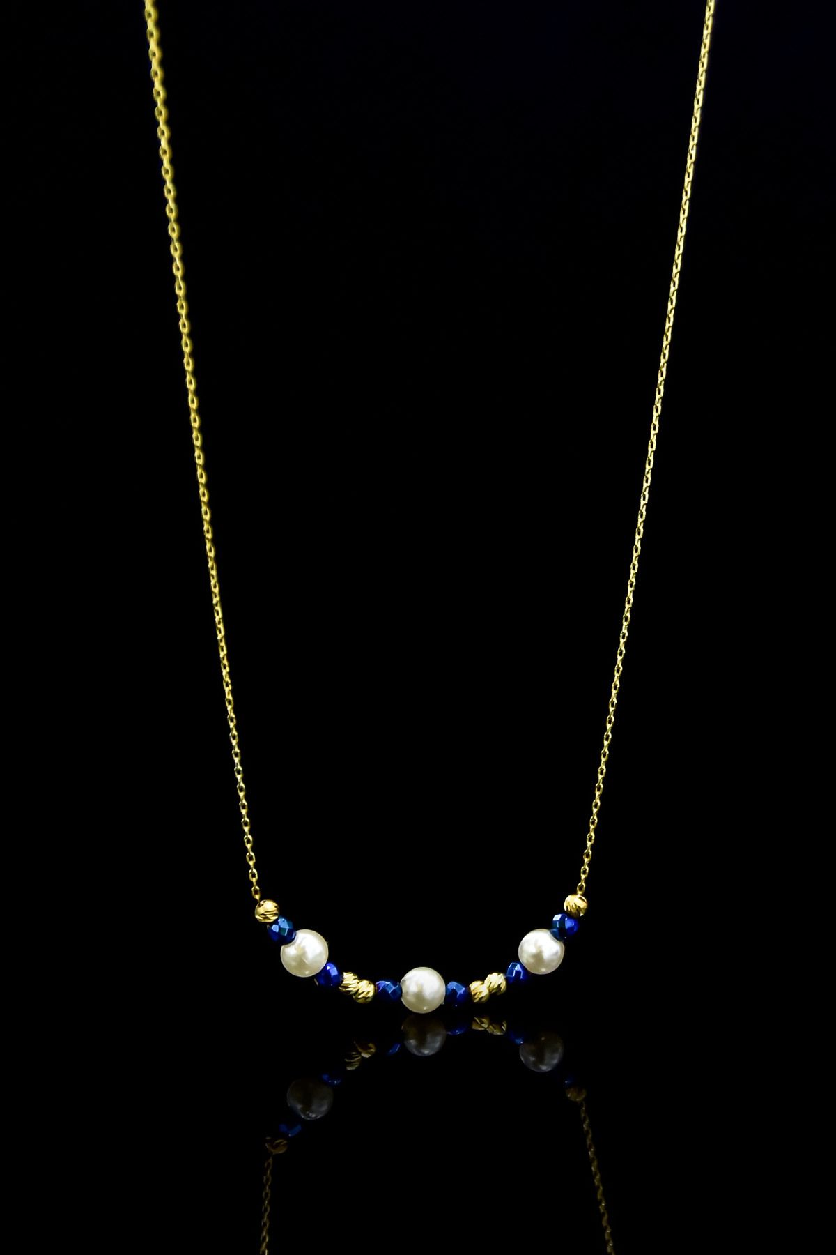 925 Ayar Gümüş Gold Kaplama Üç Inci , Lacivert Kare Boncuklu Kolye