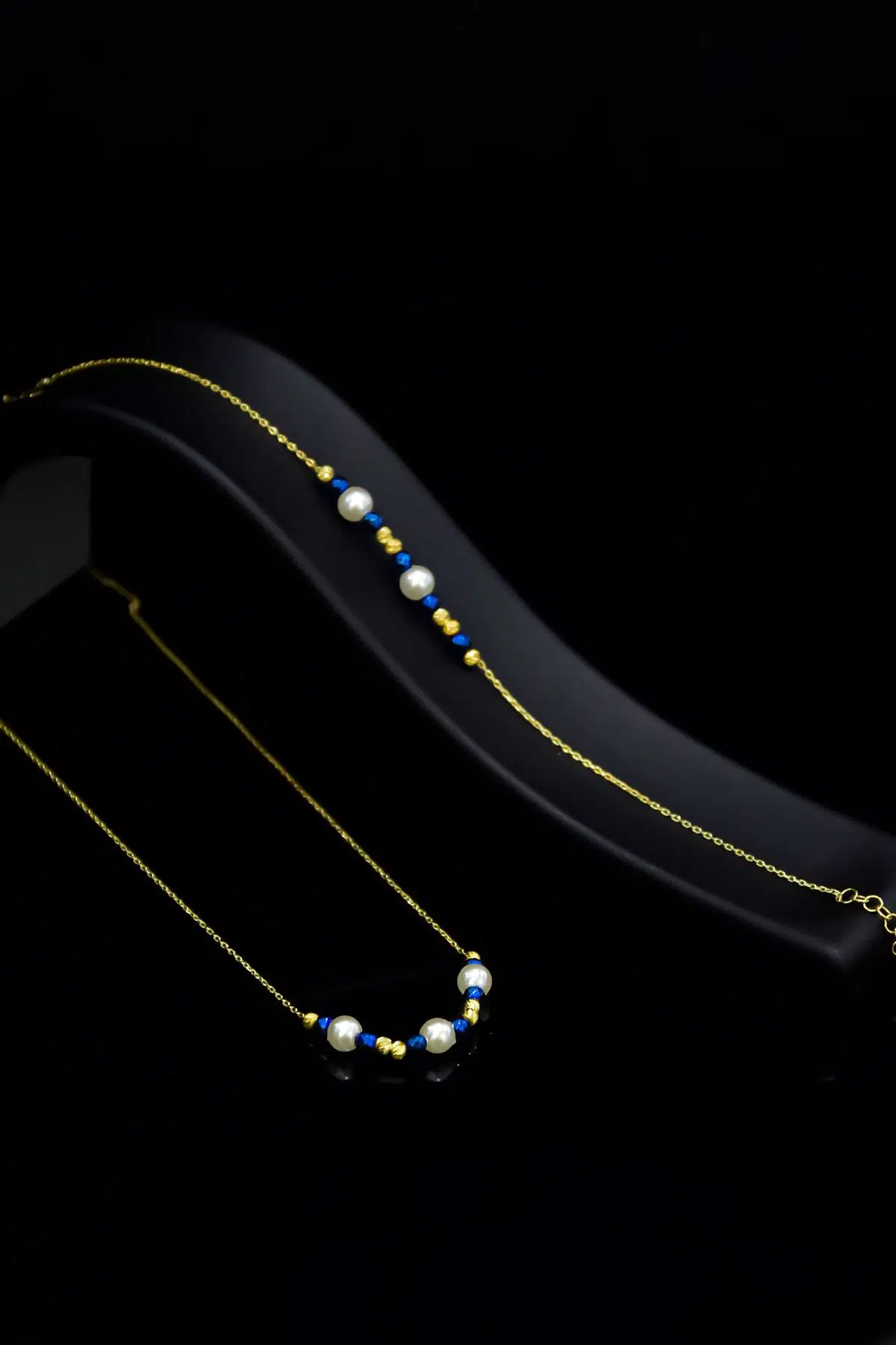 925 Ayar Gümüş Gold Kaplama Üç Inci Lacivert Kare Boncuklu Set