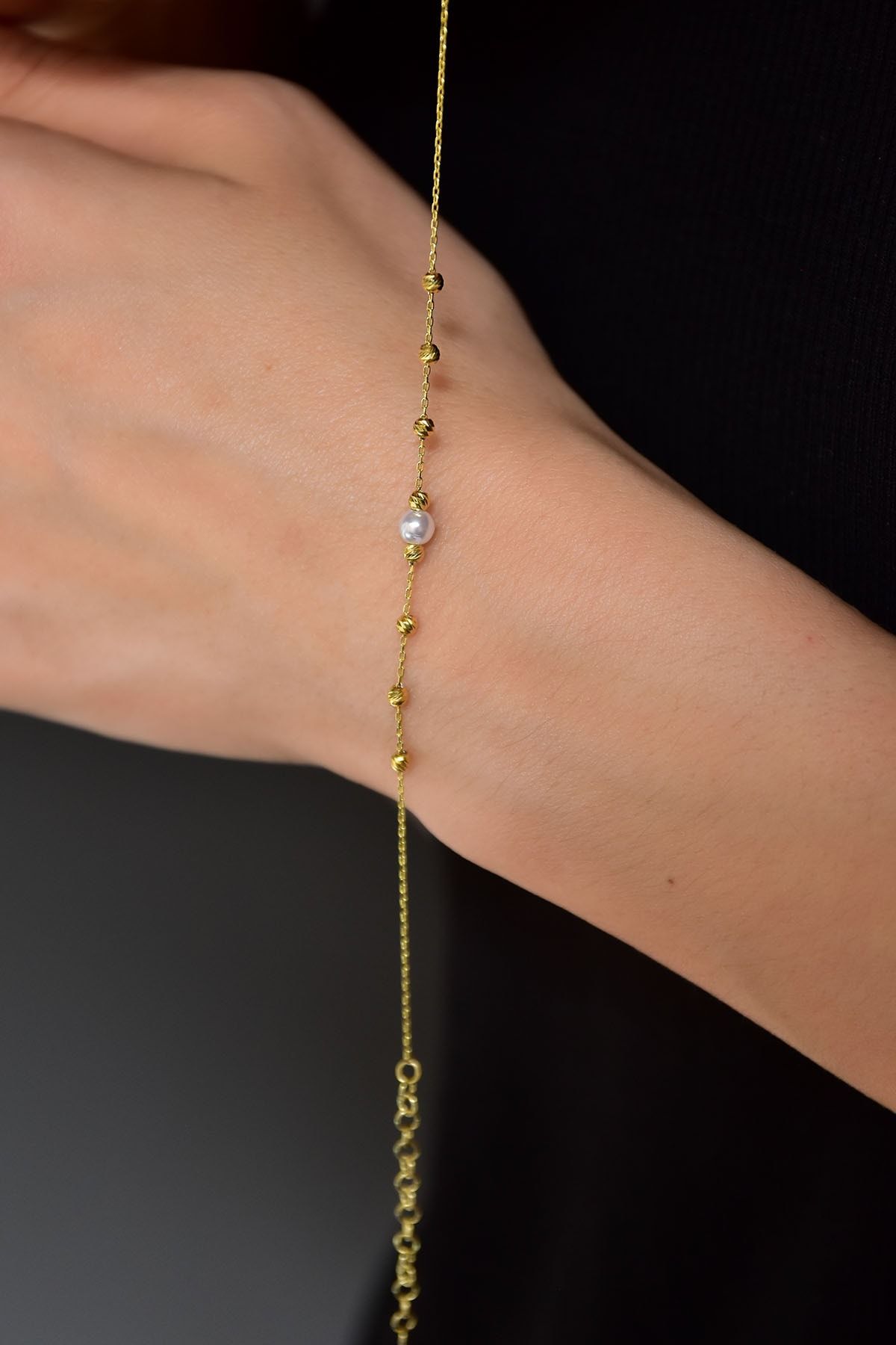 925 Ayar Gümüş Gold Kaplama Üç Renk Dorika Toplu Incili Bileklik