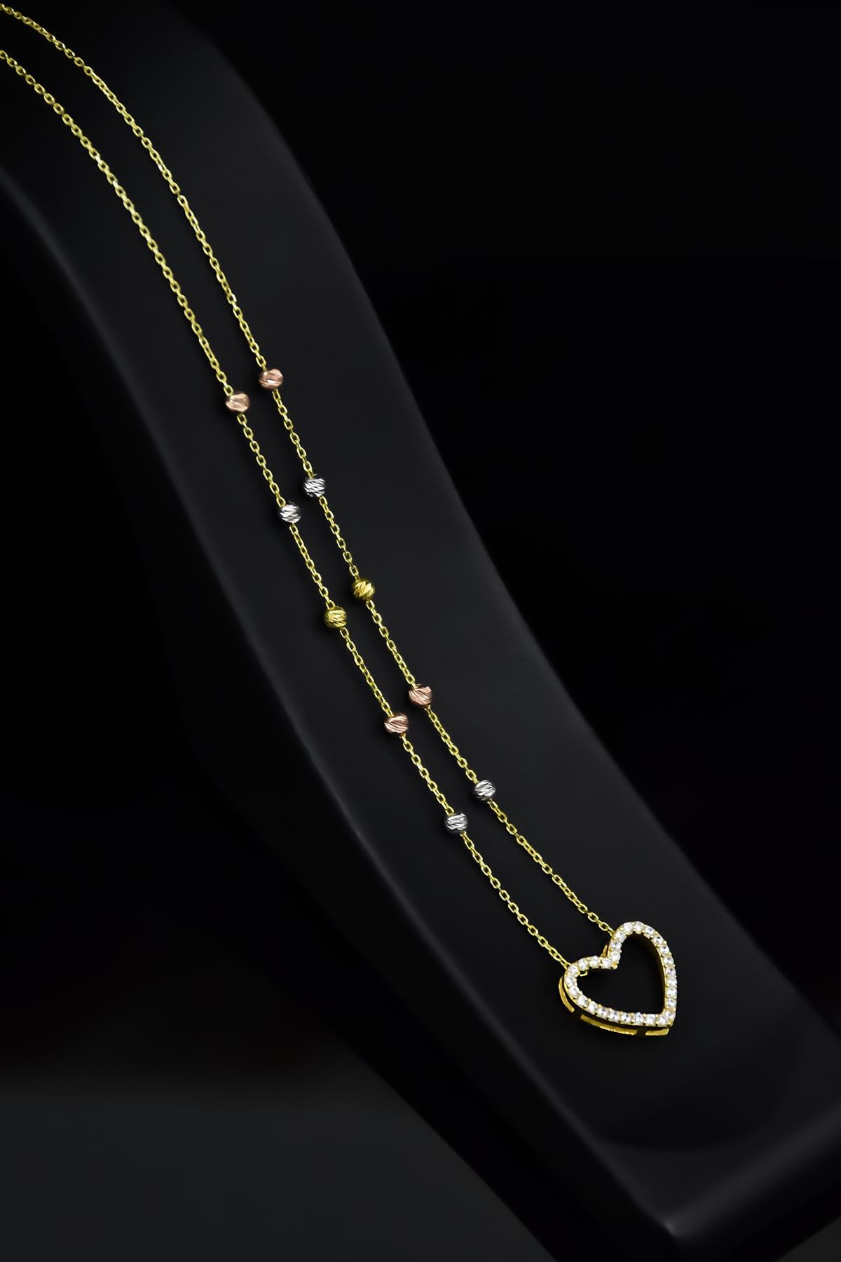 925 Ayar Gümüş Gold Kaplama Üç Renk Dorika Toplu Kalp Montür Kolye