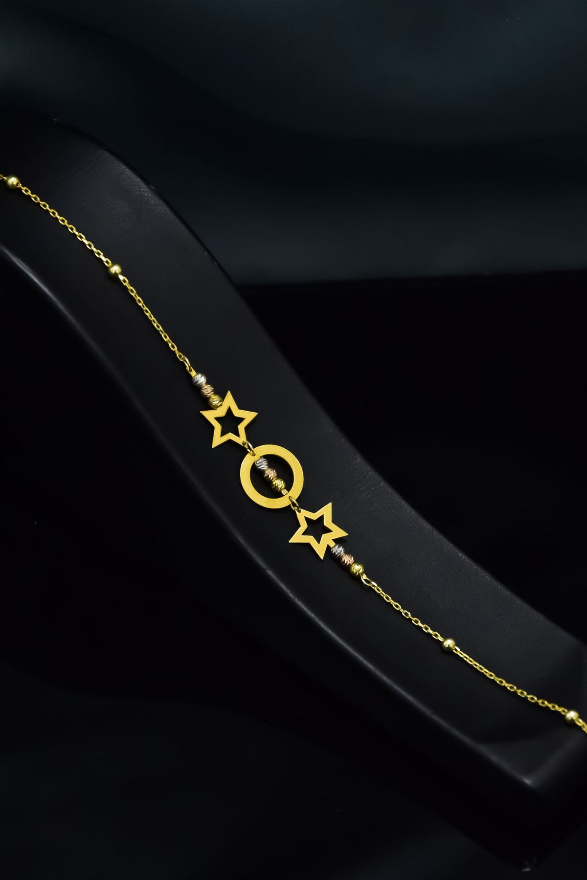 925 Ayar Gümüş Gold Kaplama Üç Renk Dorika Toplu Yıldız Ve Çember Bileklik