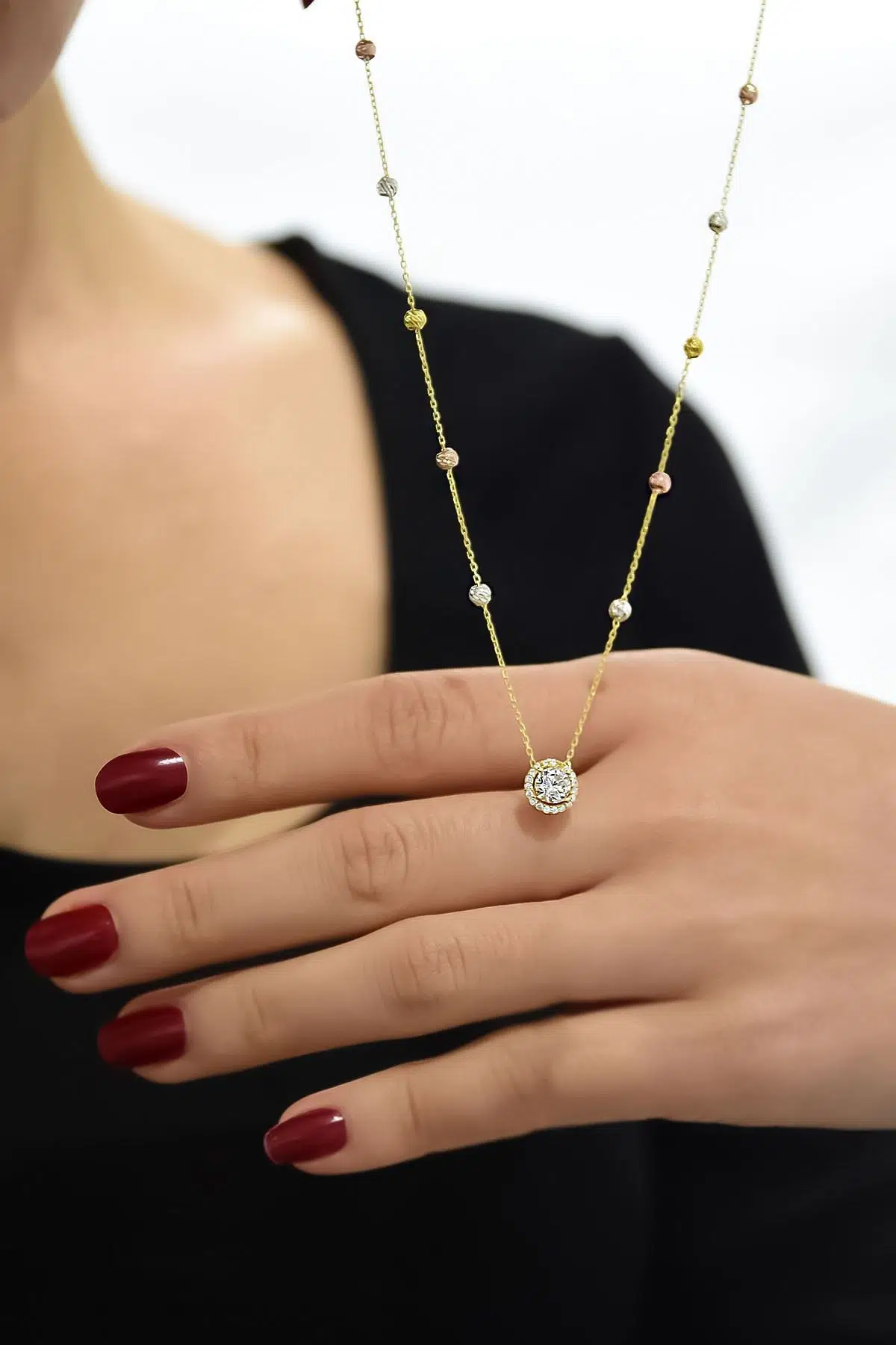 925 Ayar Gümüş Gold Kaplama Üç Renk Dorika Toplu Zirkon Tektaş Kolye