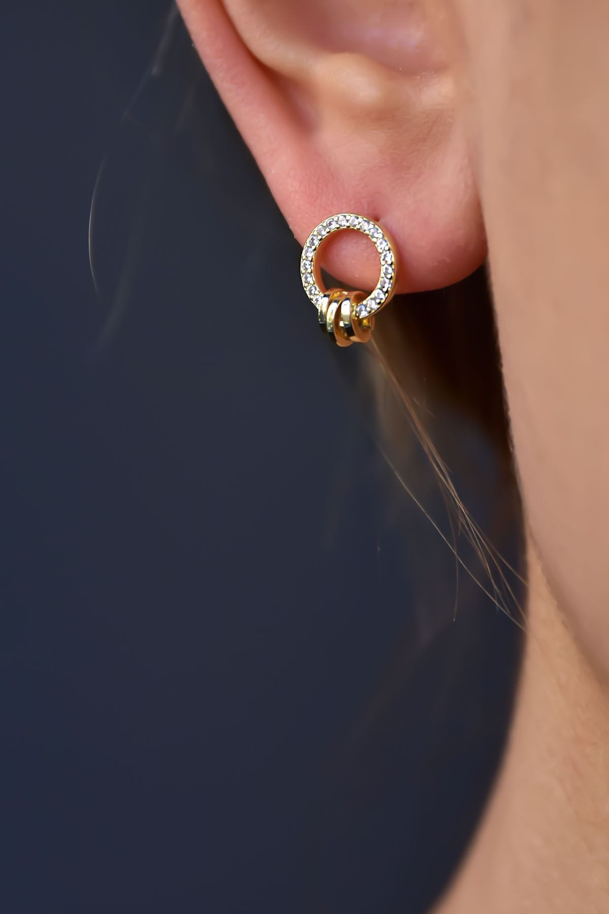 925 Ayar Gümüş Gold Kaplama Üçlü Iç Içe Geçme Zirkon Taşlı Halka Küpe