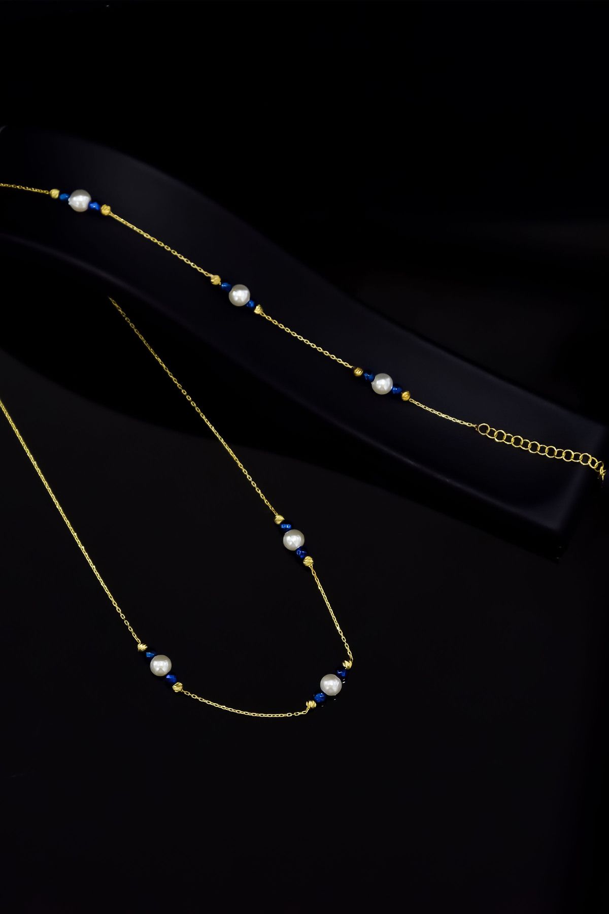 925 Ayar Gümüş Gold Kaplama Üçlü Incili , Lacivert Kare Boncuklu Set